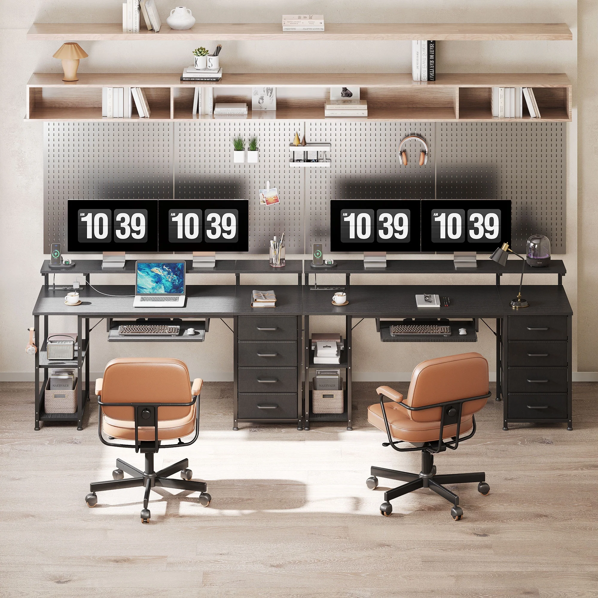 55 inch Office Desk with Power Outlet and Adjustable Monitor Stand, Computer Desk with Fabric Drawer and Keyboard Tray, Gaming Desk with LED Light & PC Stand, Vintage