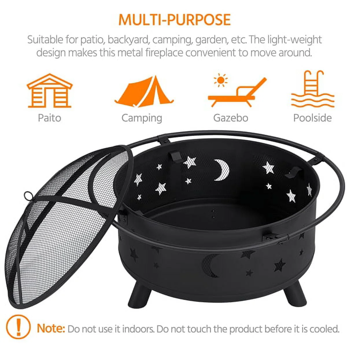SMILE MART Iron Fire Pit Set Heating Equipment Camping Fire Bowl with Poker Mesh Cover for BBQ Backyard Patio Outdoor Fireplace Black