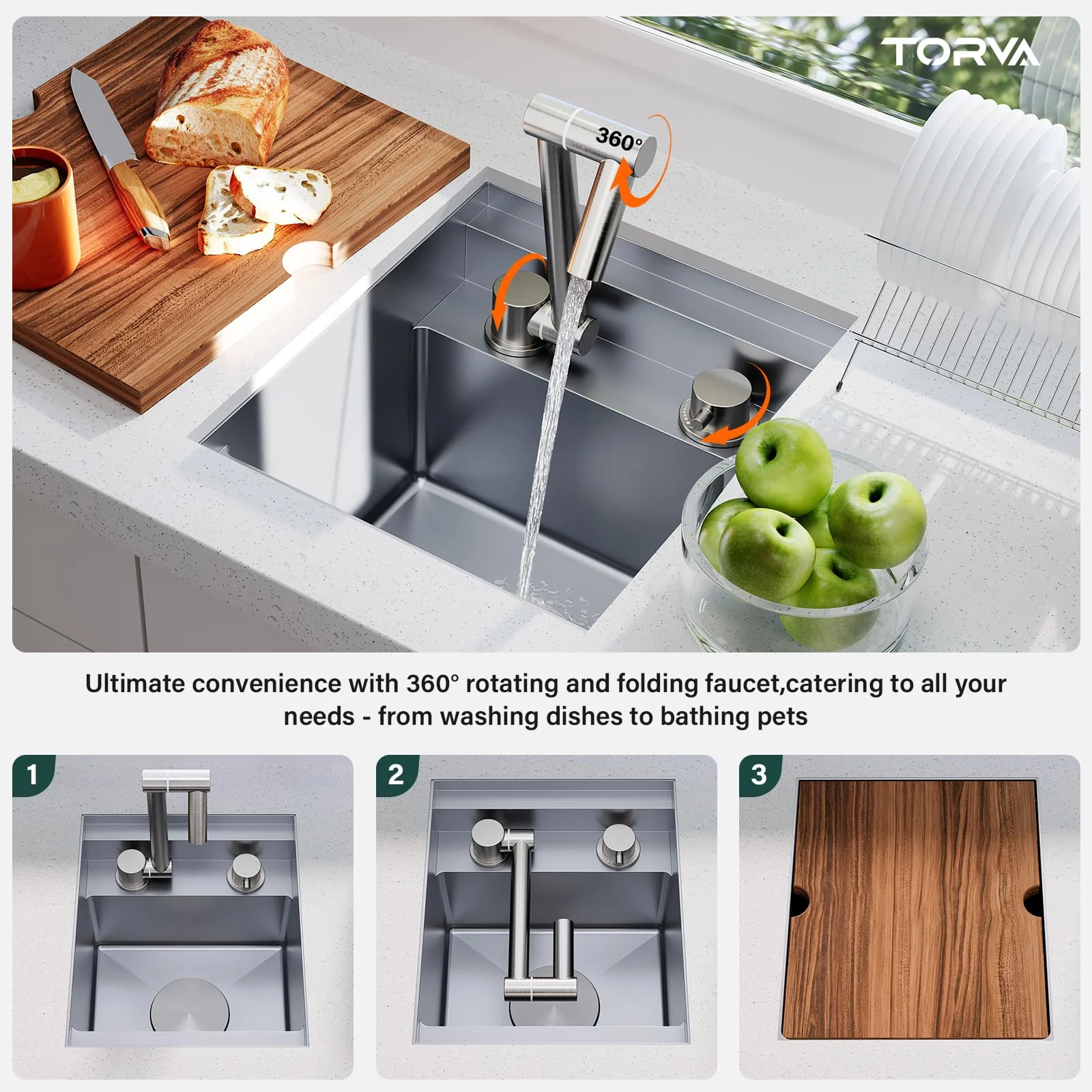 TORVA RV Kitchen Sink, 13 x 15 x 9 Inch Undermount Bar Sink 16 Gauge Stainless Steel Single Bowl Sink with Faucet,Cutting Board-Dark Gray, Grey