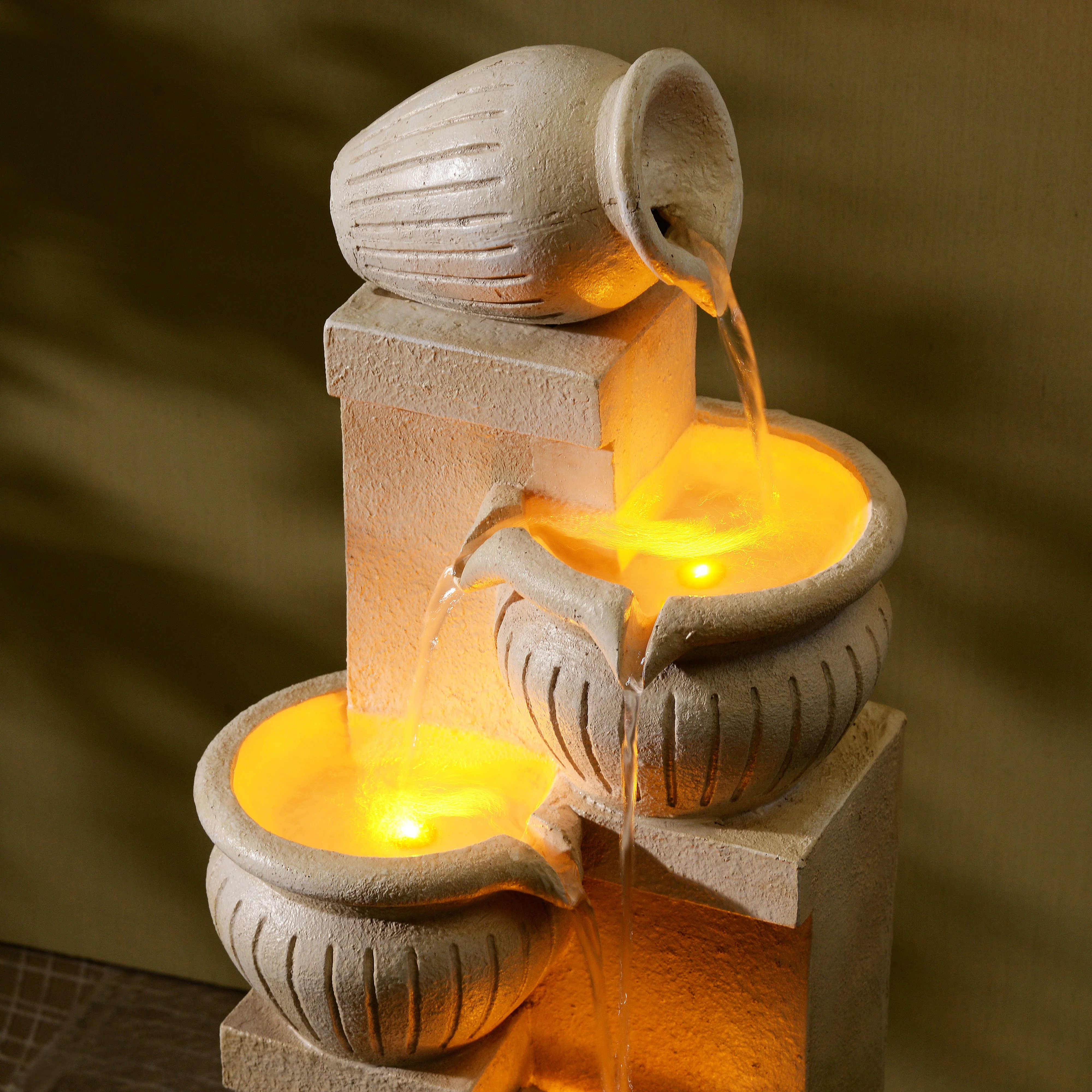Teamson Home Outdoor Water Fountain with Lights�C 4-Tier Cascading Bowl Design with LED Light & Solar Pump, Solar-Powered Water Fountain Outdoor Garden, Yard, or Patio D��cor, Navy Blue