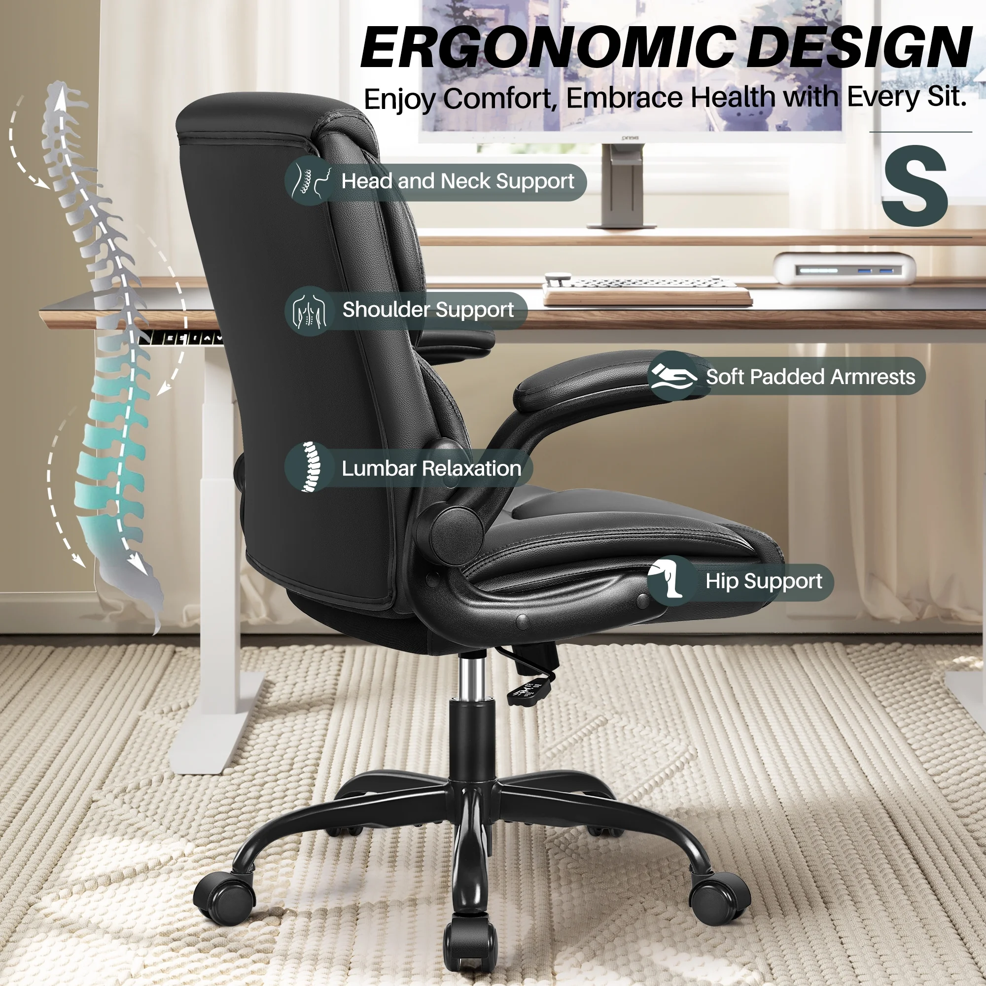 COOLHUT Leather Office Chair, Big and Tall Office Chair 400LBS Wide Seat Ergonomic Computer Desk Chair High Back Executive Leather Chair Adjustable Task Chair Lumbar Back with 8-Year Warranty, Black