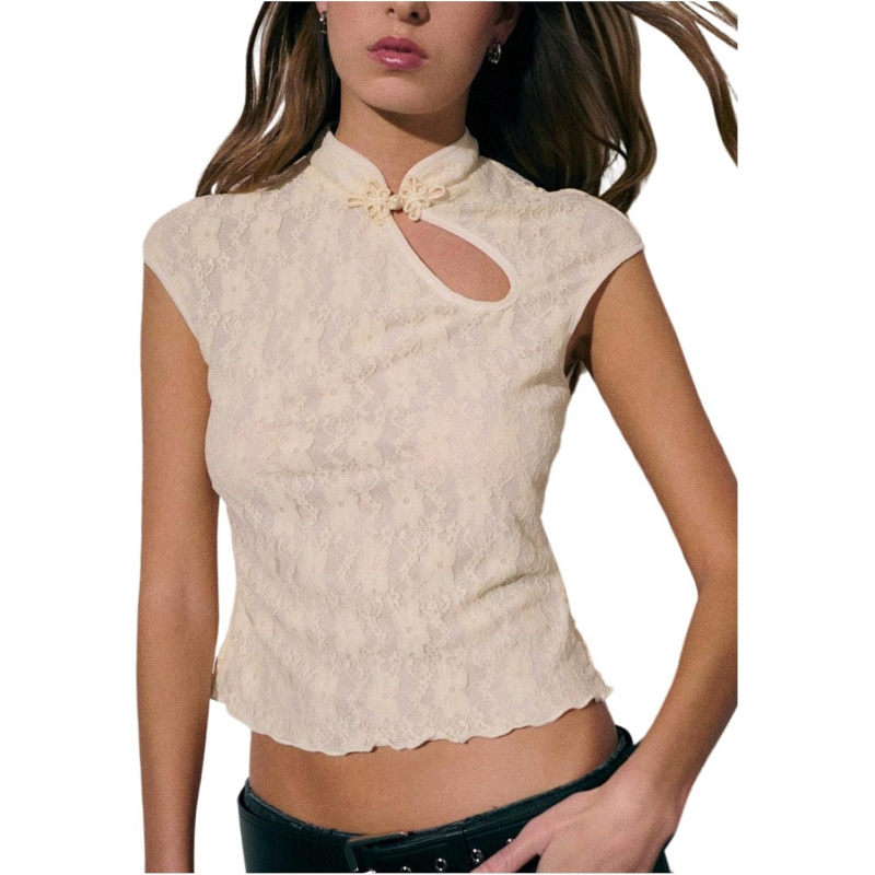 Women's Floral Lace Tank Crop Tops Cap Sleeve