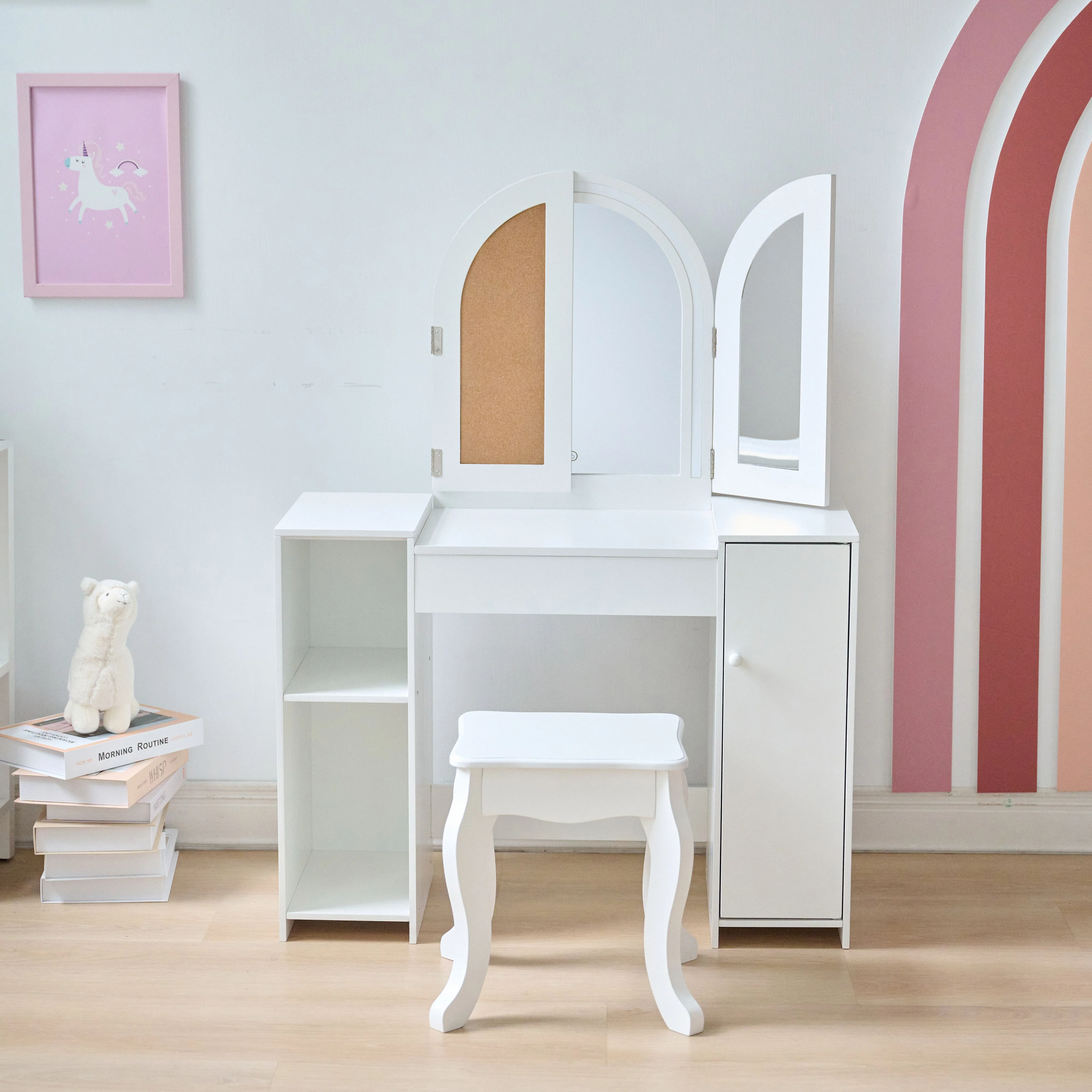 Teamson Kids 2-in-1 Wooden Vanity and Desk with LED Lights, Mirror & Stool �C Dual Purpose Play Makeup Vanity and Desk, Pretend Play for Girls Ages 3+