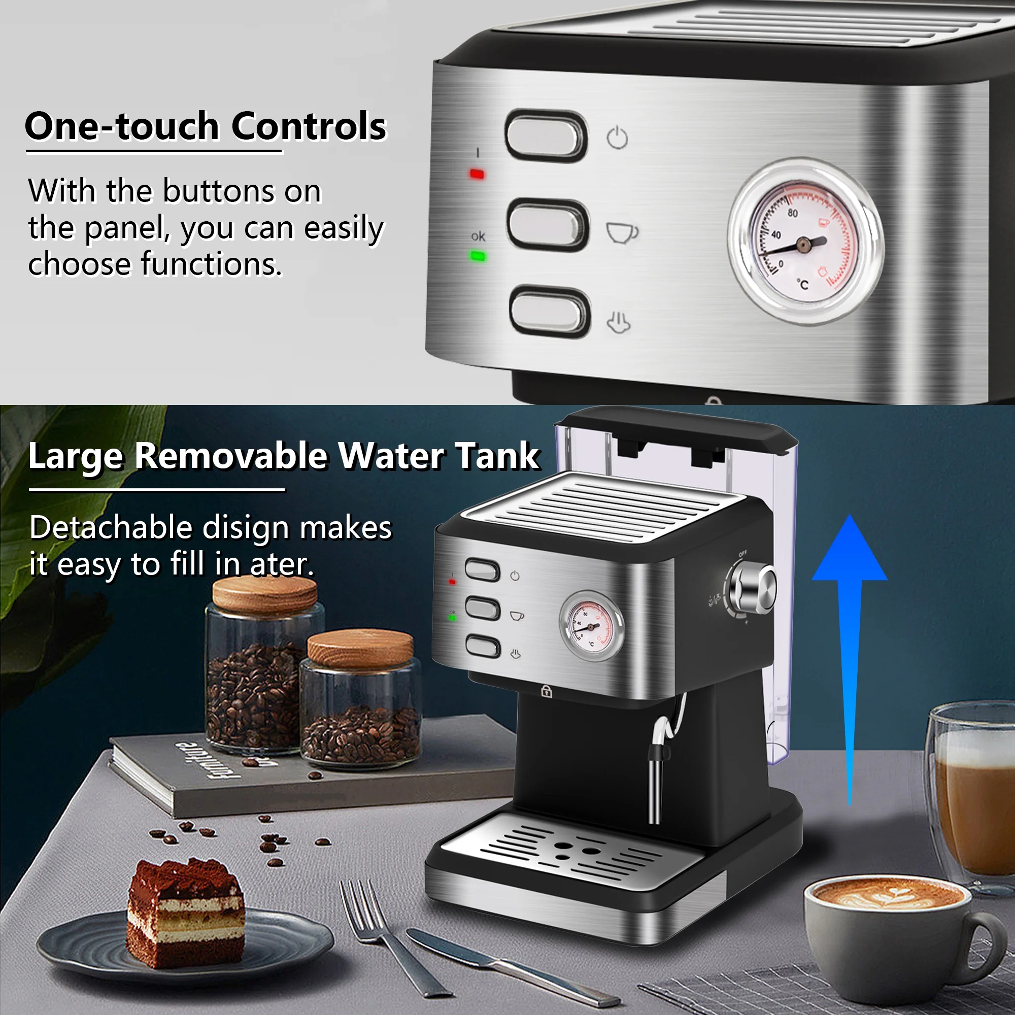 Bluebow Espresso Machine 20 Bar, 1.5L Water Tank Pressure Gauge Milk Frother Steam Coffee Maker, Silver