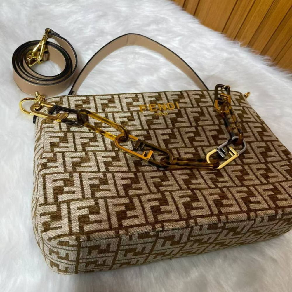 Fendi Olock Zip Dove Brown Tapestry Fabric Bag 8Br805Alfvf1Iqu