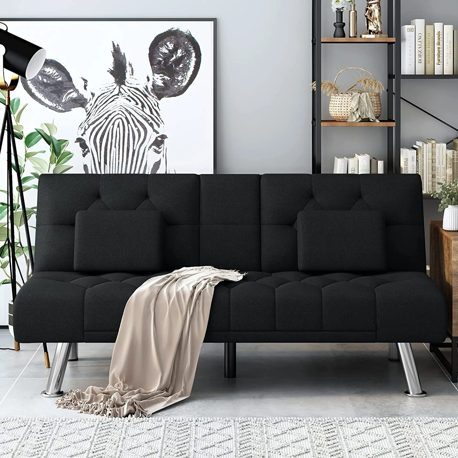 Homfa 66.3'' Upholstered Sofa Bed Couch, Convertible Futon Folding Sleeper Sofa with Removable Armrests and 2 Cupholders for Living Room, Black