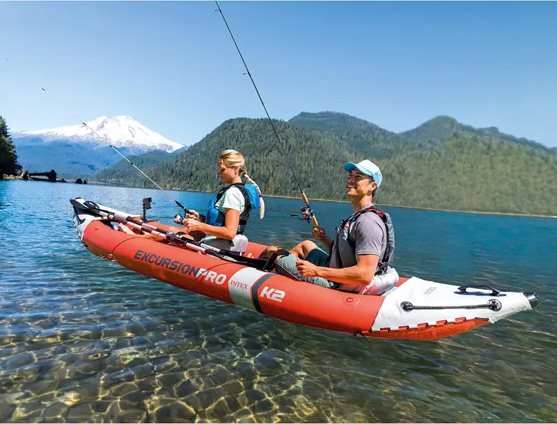 Intex Excursion Pro 2-Person Inflatable Kayak with Paddles. Pump. Fishing Rod Holders - Durable PVC. Adjustable Seat