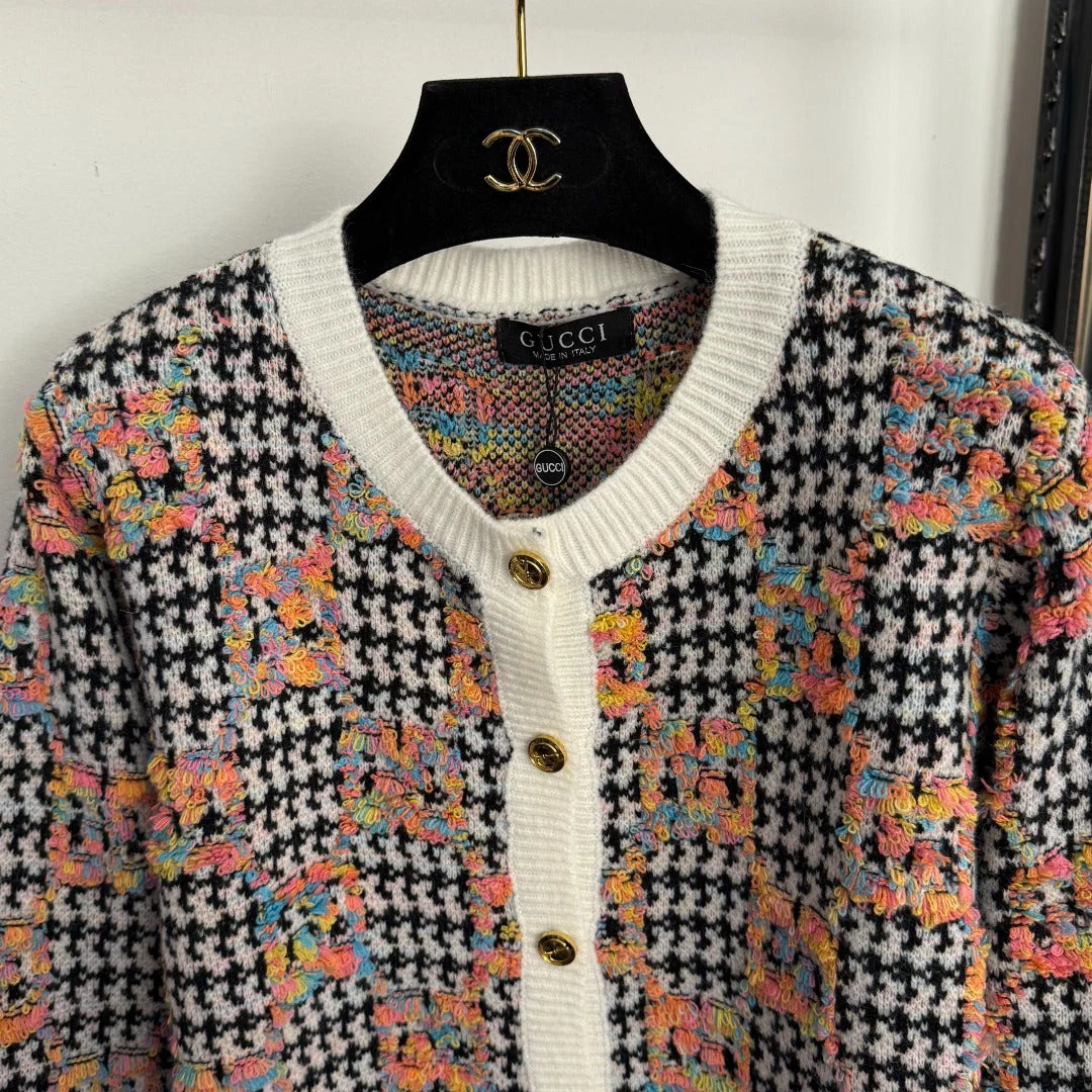 Jacquard single-breasted gold-button tweed round-neck long-sleeved knitted cardigan jacket