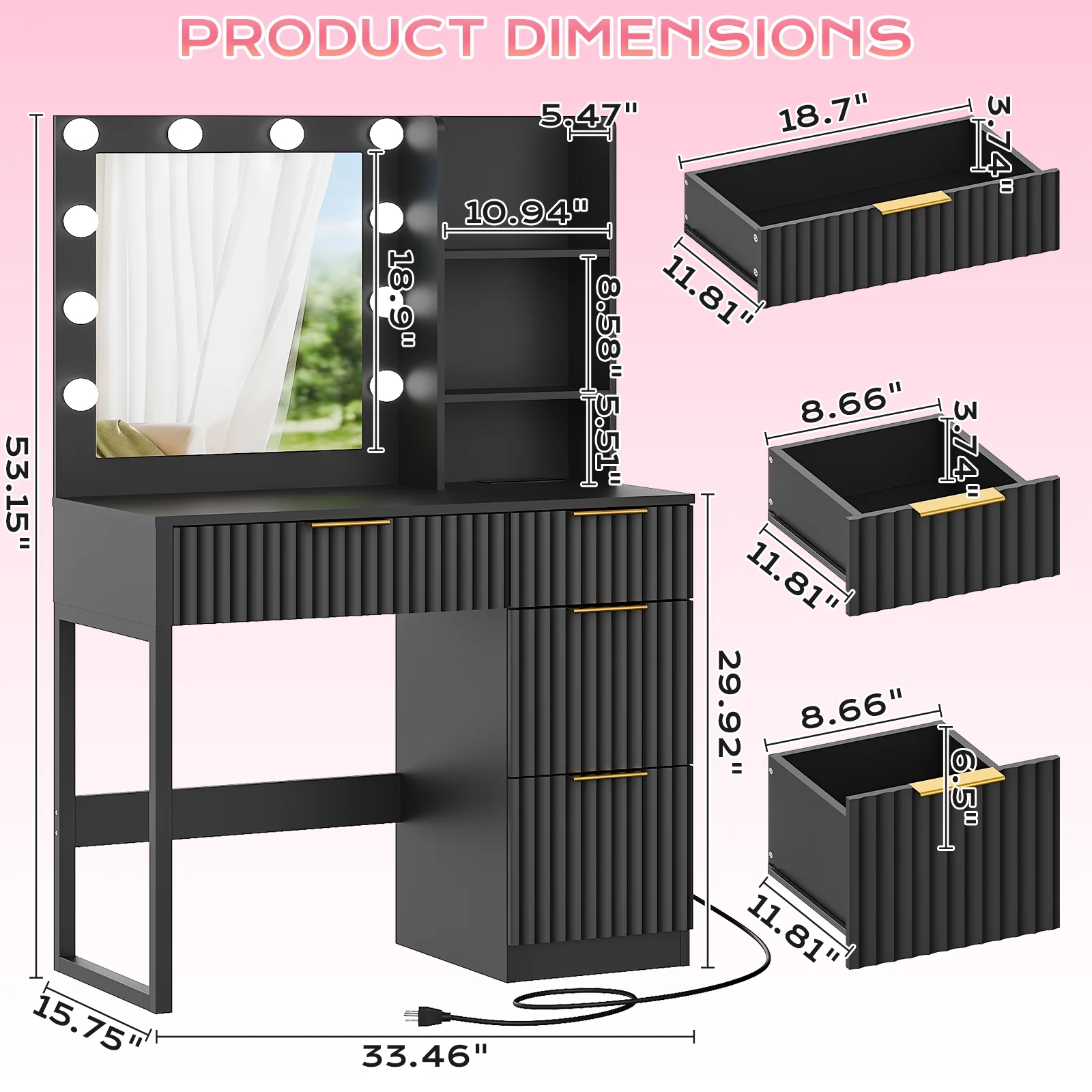 Ktaxon Vanity Set with 3 Color Lighted Mirror, Makeup Table with 3 Storage Shelves & Drawers, Dressing Table Makeup Desk with Stool,White