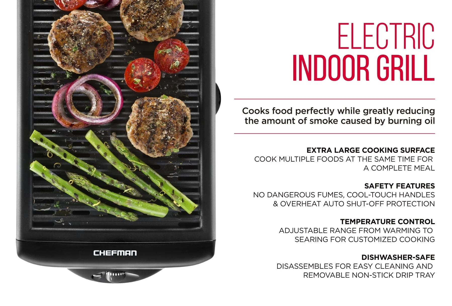 Electric Smokeless Indoor Grill with Non-Stick Cooking Surface and Adjustable Temperature Knob from Warm to Sear for Customized Grilling, Dishwasher Safe Removable Drip Tray, Black