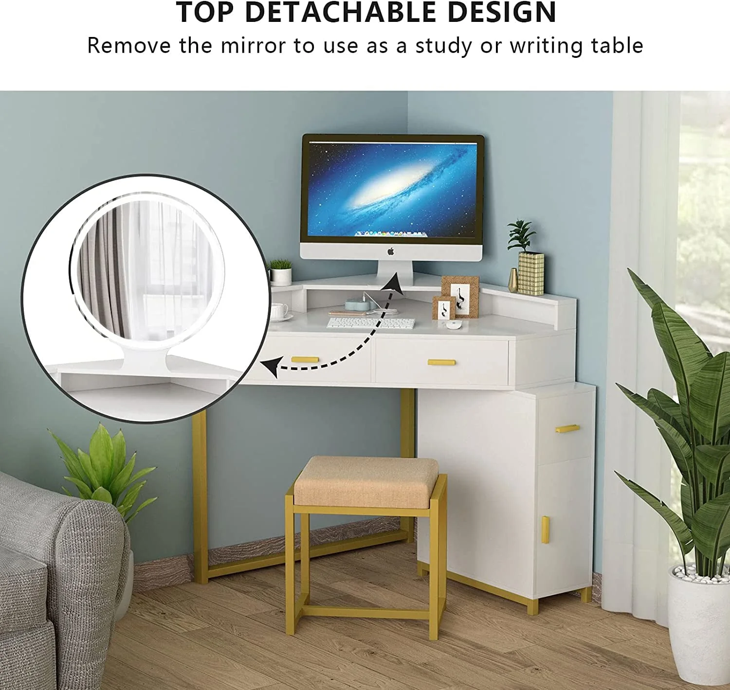 Corner Vanity Set with Lighted Mirror, Makeup Vanity Dressing Table with Drawers, Cabinet and Cushioned Stool, Girls Vanity Desk for Bathroom, Bedroom, White by TZUTOGETHER