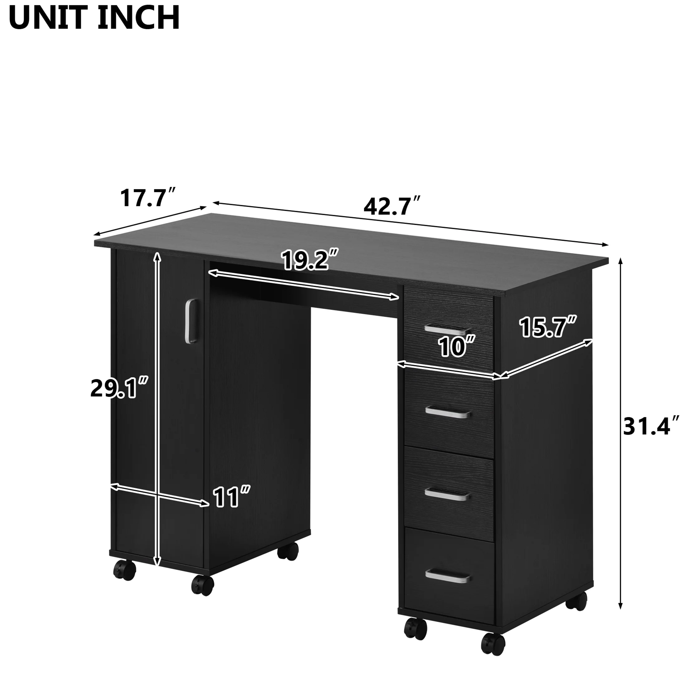 Sesslife White Computer Desk, Writing Desk with Lockable Wheels???Modern Wood Study Desk with 4 Drawers for Home Office Workstation