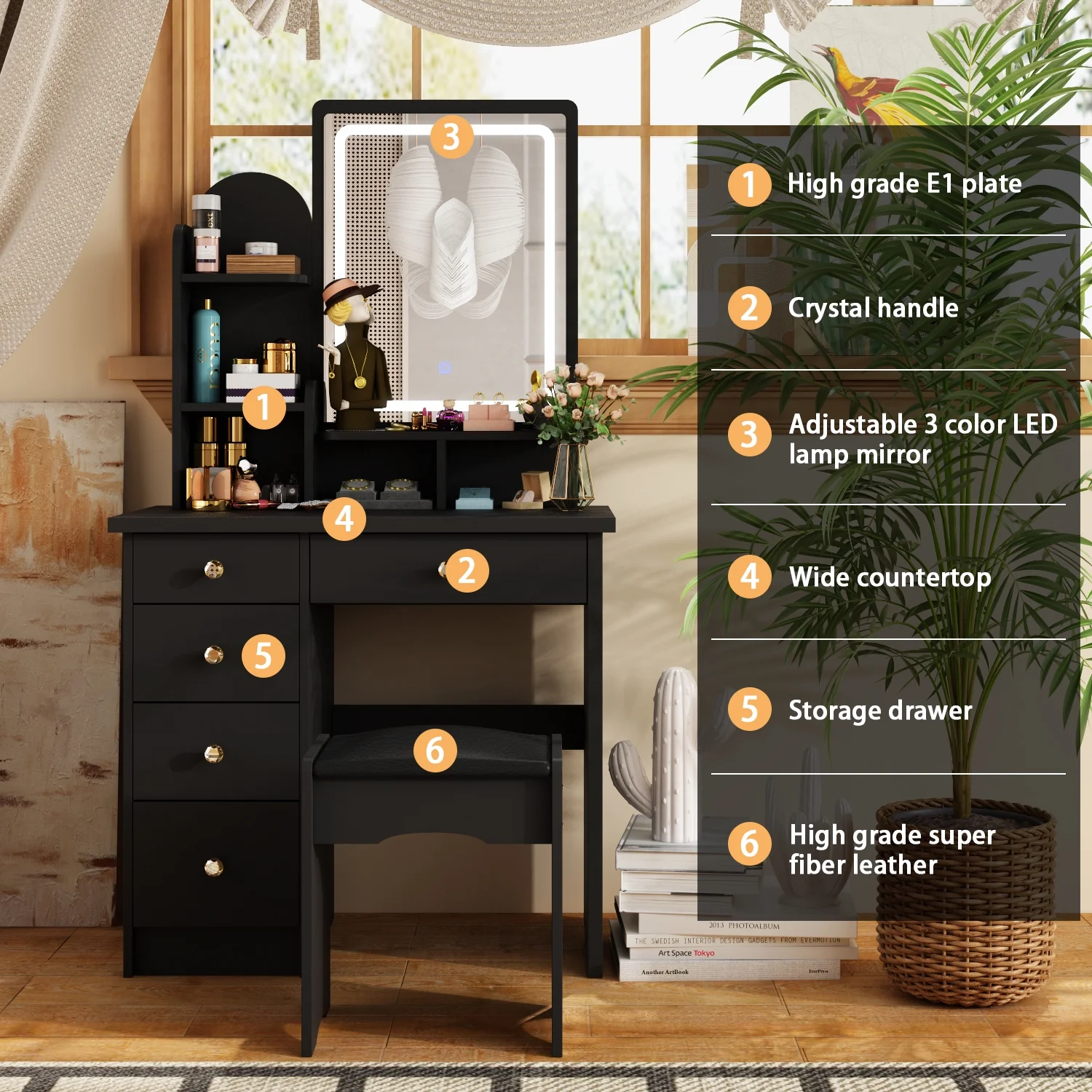 KULAGAGA Vanity Table Set with Light Mirror, Makeup Table with 3 Storage Shelves & 5 Drawers, Dressing Vanity Tables with , Dresser Desk for Girls, Women, White
