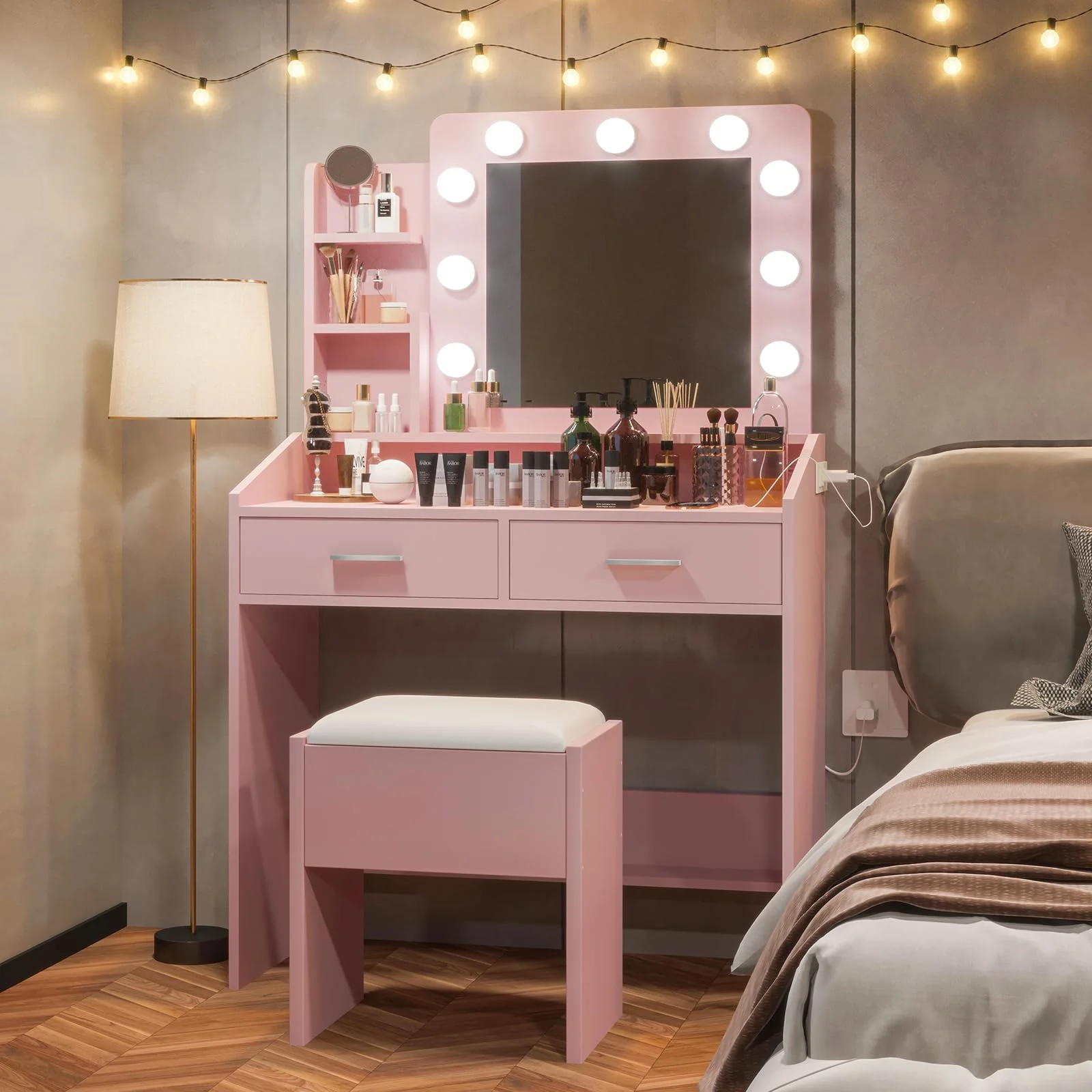 Yeshouse Vanity Desk with Mirror and Lights, White Makeup Vanity with 2 Drawers, 3 Light Mode and Brightness Adjusted, Makeup Table for Bedroom, Desk and Chair