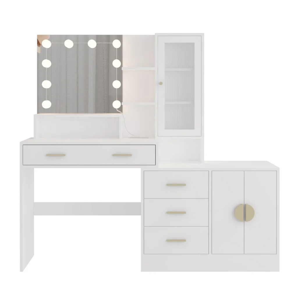 IVV Vanity Desk with Lighted Mirror and Charging Station, Makeup Dressing Table with 5 Drawers and Storage Cabinet, 10 LED Bulbs, 3-Color Lighting Modes, Brightness Adjustable, Black