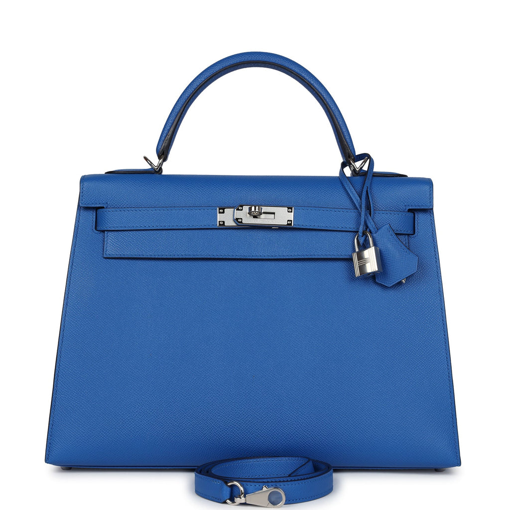 Kelly Sellier 32 Bleu France Epsom Palladium Hardware