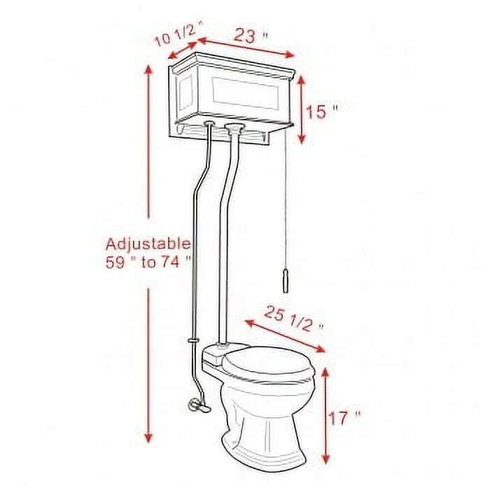 Light Oak Finish High Tank Pull Chain Toilet Wooden Raised Tank Round Top Entry White Porcelain Bowl and Brass Z Pipes Adjustable Height 59
