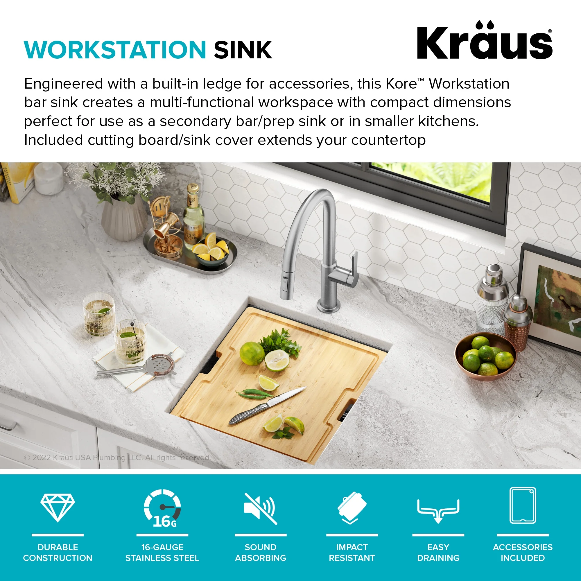 KRAUS Kore 17 Undermount Workstation 16 Gauge Black Stainless Steel Single Bowl Kitchen Bar Sink in PVD Gunmetal Finish with Accessories