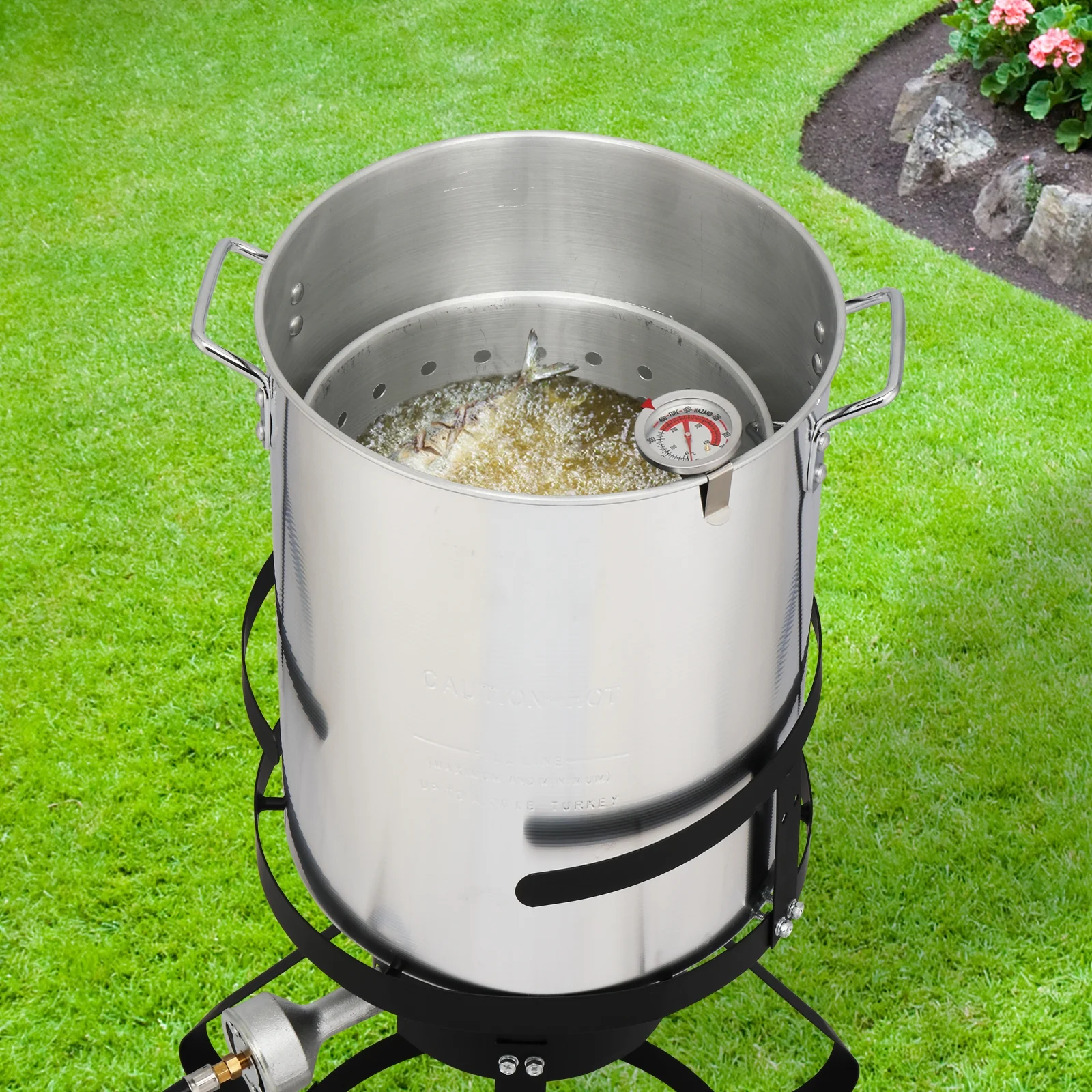 13*32 Four-Piece Set, Black Round Iron Stove Frame with Silver Aluminum 30qt Turkey Pot and 10qt Fish Pot - Gas Fryer Combo for Outdoor Cooking
