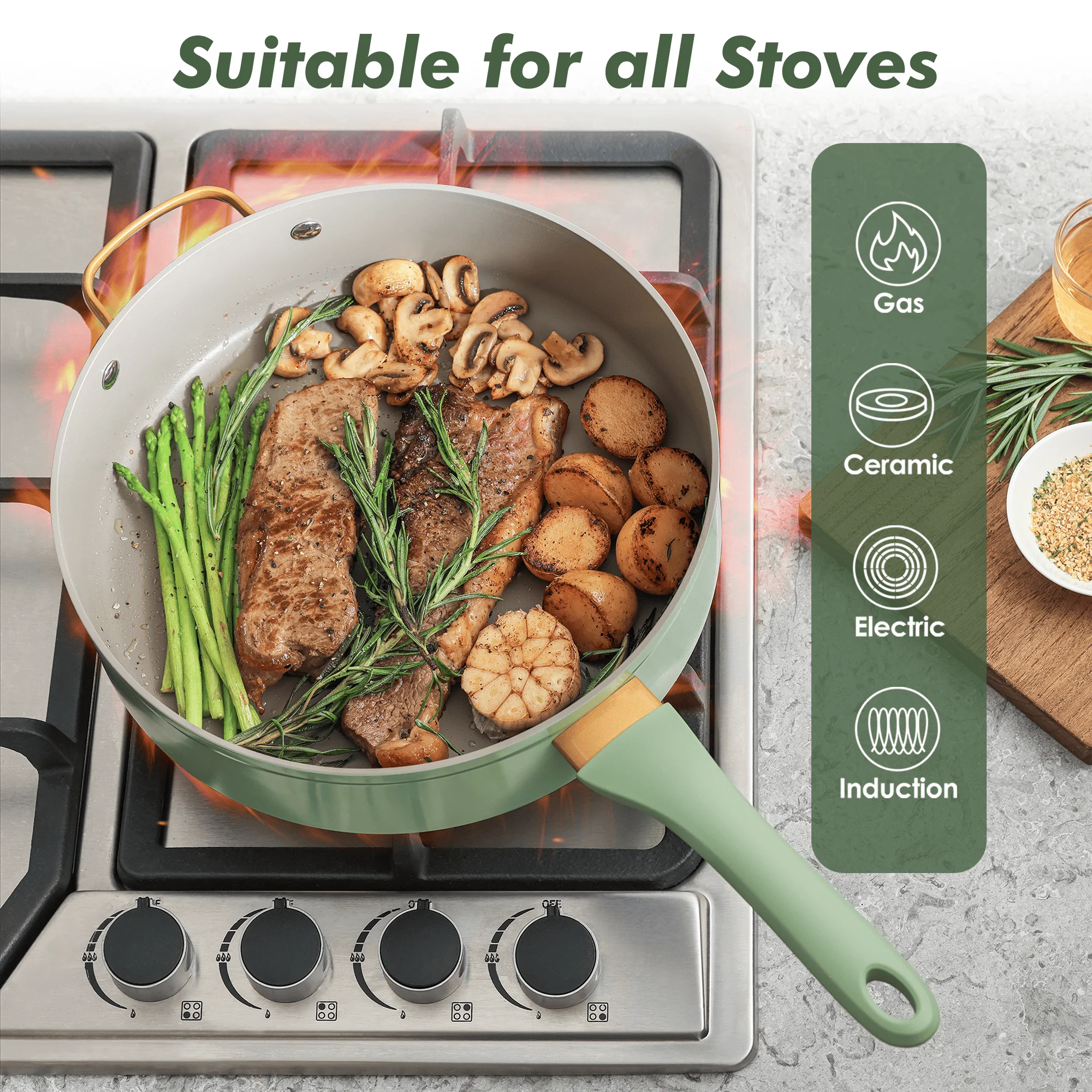 SENSARTE Nonstick Pots and Pans Set, 18Pcs Non Stick Cookware Sets, Induction Kitchen Cookware Sets Green