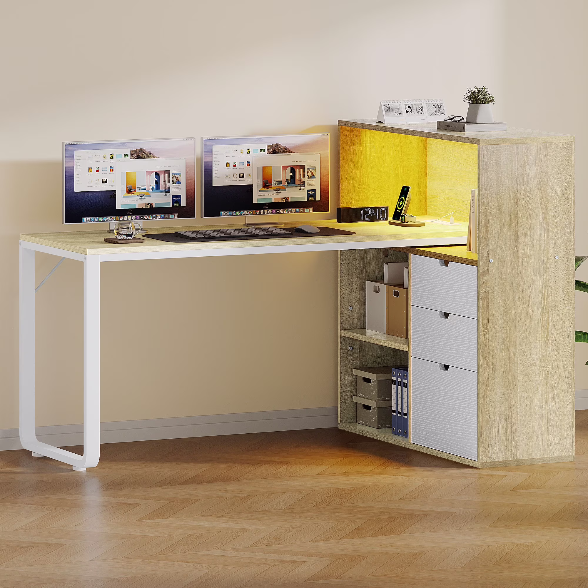 Dextrus L Shaped Desk with Power Outlets & LED Lights, Computer Desk with 3 Drawers and 3 Storage Shelves, White Office Desk Corner Desk for Home Office