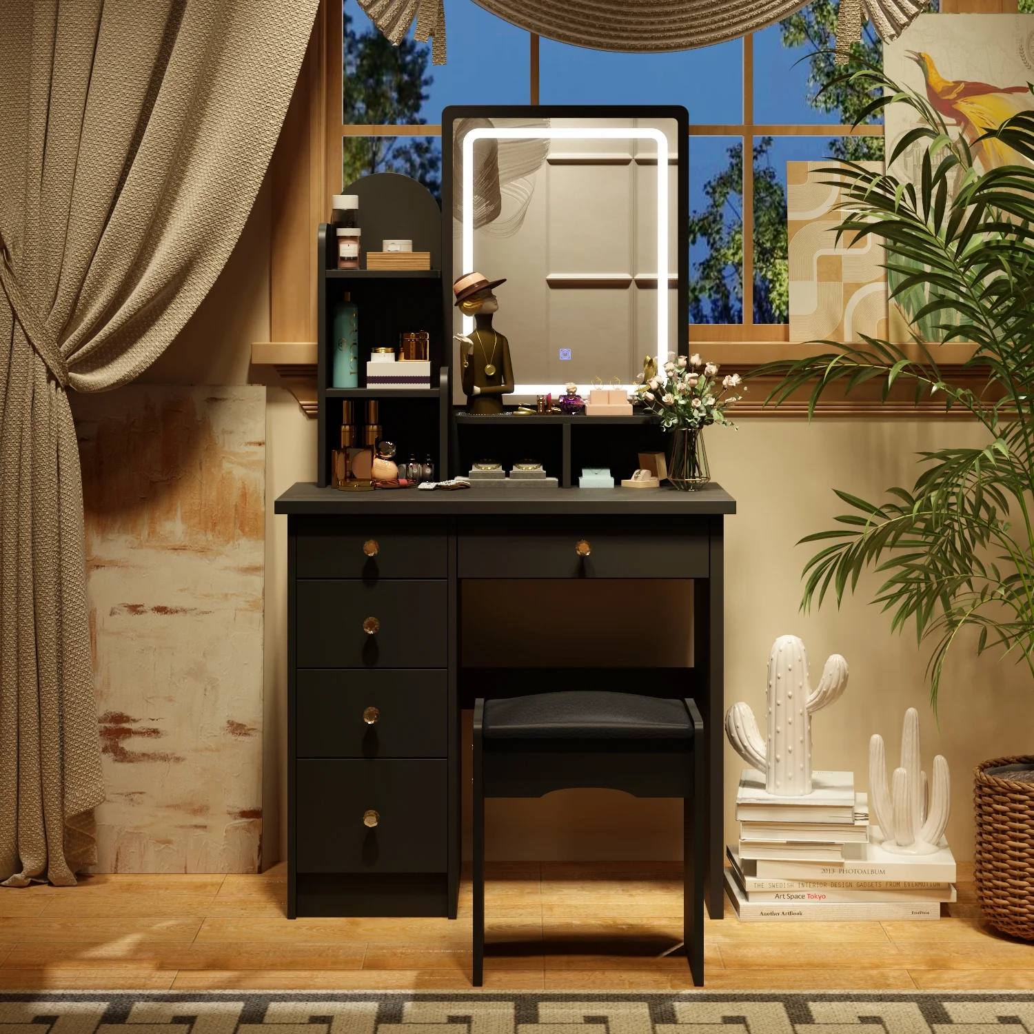 MONSLIPA Makeup Vanity Desk Set w/ Light, Sturdy Dressing Vanity Table with Bench, Shelves & Drawers