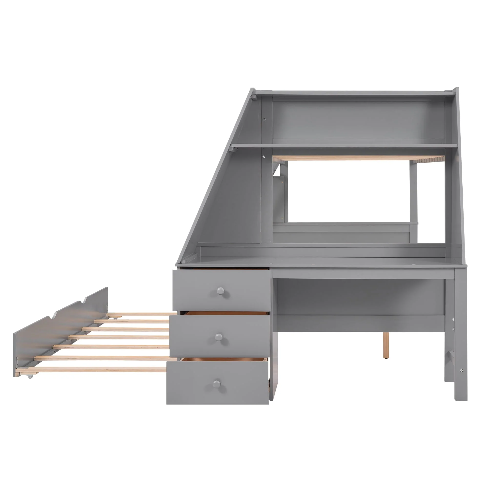 EUROCO Twin over Full Bunk Bed with Trundle, Built-in Desk with Bookcase and 3 Drawers for Kids, Gray