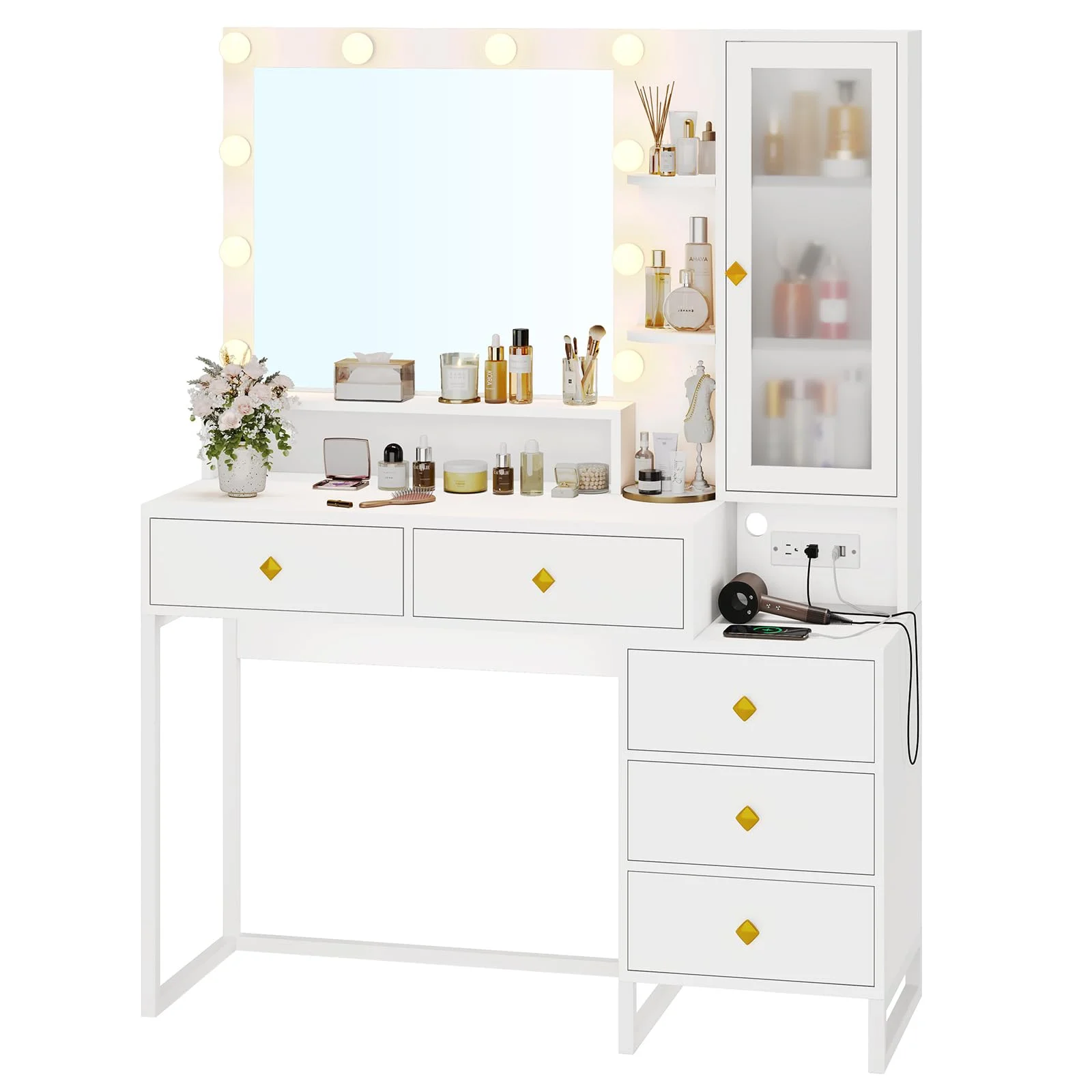 Vanity Desk with LED Lighted Mirror, Makeup Desk with 5 Storage Drawers & 6 Shelves, Vanity Table with Charging Station, Modern Dressing Table with 3 Color Lighting Options, White