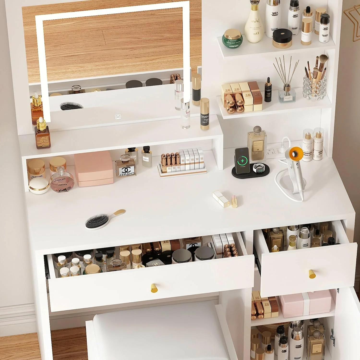 ChVans White Vanity Desk with Lighted Mirror & Charging Station, Vanity Table Set w/3 Storage Shelves,2 Drawers,Storage Cabinet & Makeup Vanity Cushioned Stool(White-37