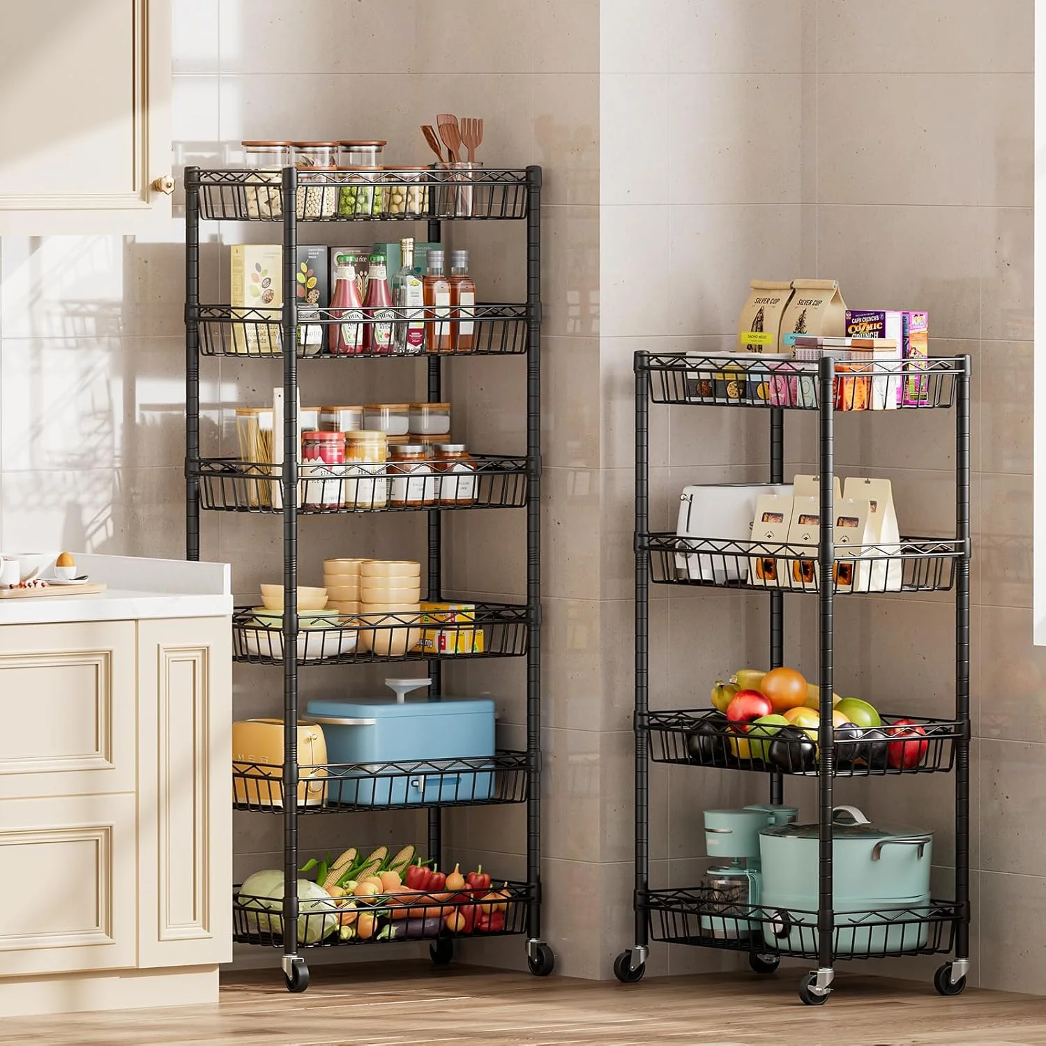 6 Tier Wire Shelving Unit with Wheels Baskets Storage Rack Corner Shelves Adjustable Shelf Closet Bathroom Organizers Metal Pantry Kitchen Garage Laundry Room 13.5