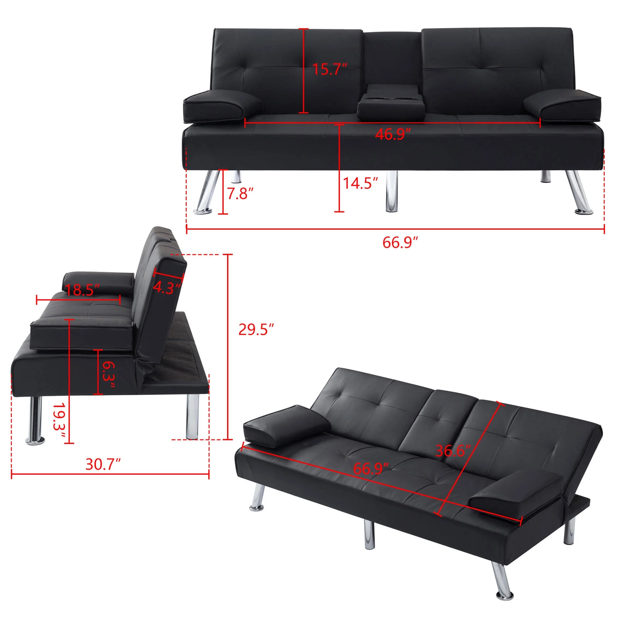 BEABA Futon Sofa Bed Modern PU Faux Convertible Couches with Cup Holder and Pillows Folding Furniture Upholstery