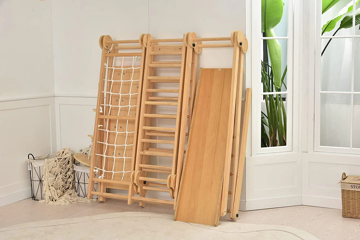 Avenlur Chestnut - The Ultimate Indoor 7-in-1 Playset and Foldable Jungle Gym for Kids Aged 2-8 with Slide, Rock Climb Wall, Climbing Ladder, Rope Net, Monkey Bars, Swing, and Ninja Ring - USA Company