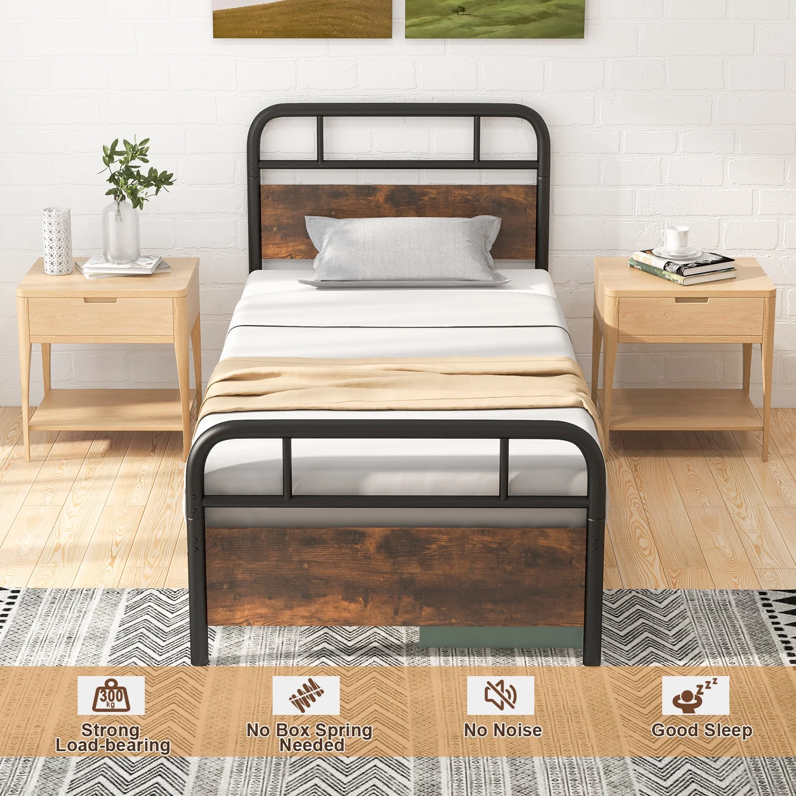 Giantex Twin Size Metal Bed Frame, Industrial Platform Bed w/Wood Headboard & Footboard, No Box Spring Needed