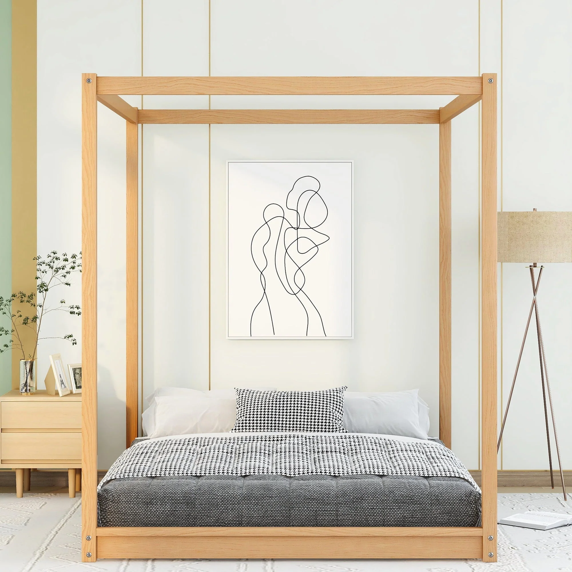 Queen Size Canopy Bed Frame, Wooden Four-Poster Canopy Platform Bed with Slats Support, Queen Floor Bed for Teens Adults Bedroom, Can be Decorated, Easy Assembly, No Box Spring Needed, Natural
