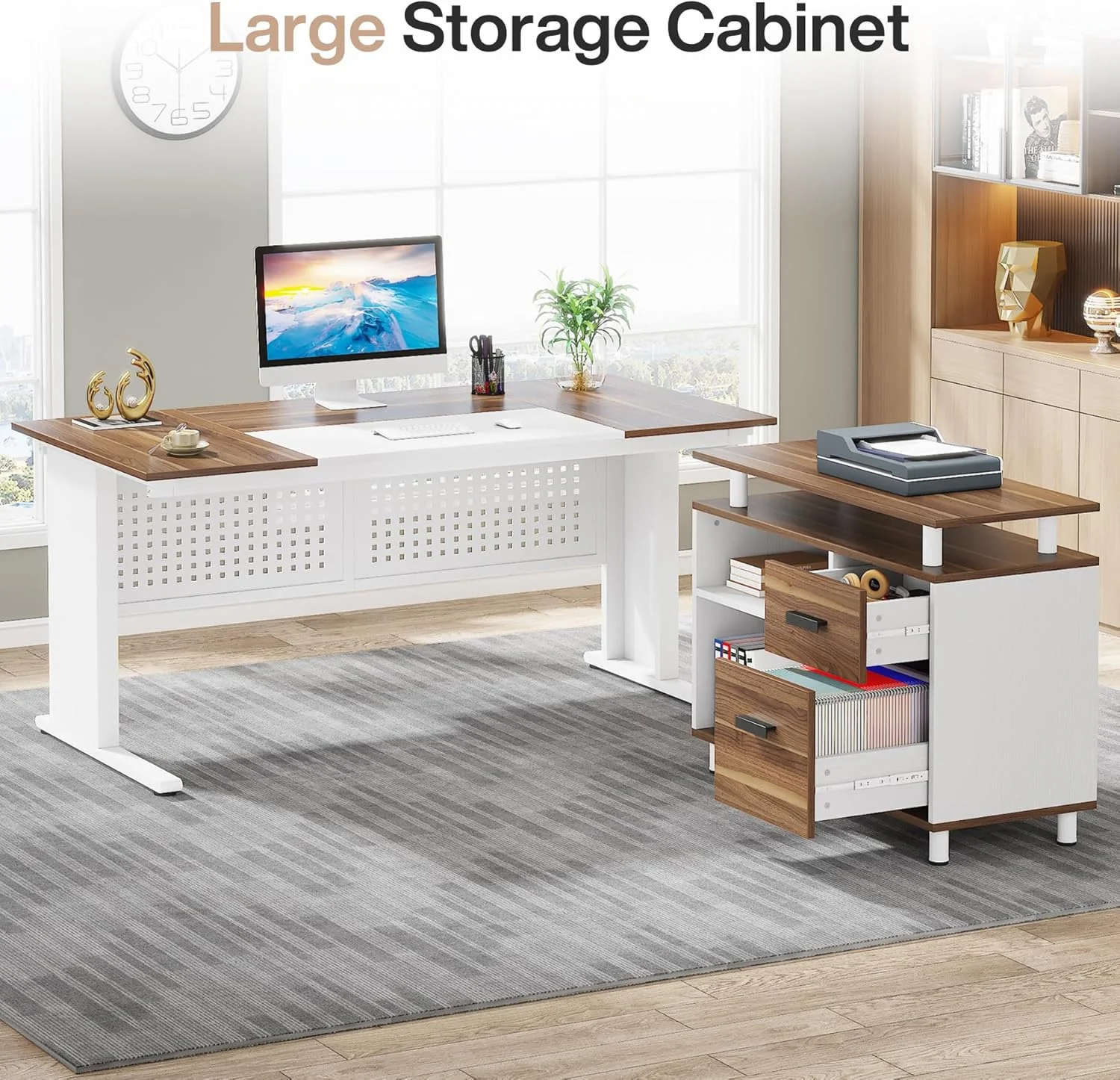 Tribesigns 63 Inch Executive Desk with File Cabinet, Large Office Desk L Shaped Computer Desk with Drawers and Storage Shelves, Business Furniture Desk Workstation for Home Office, Brown and Black