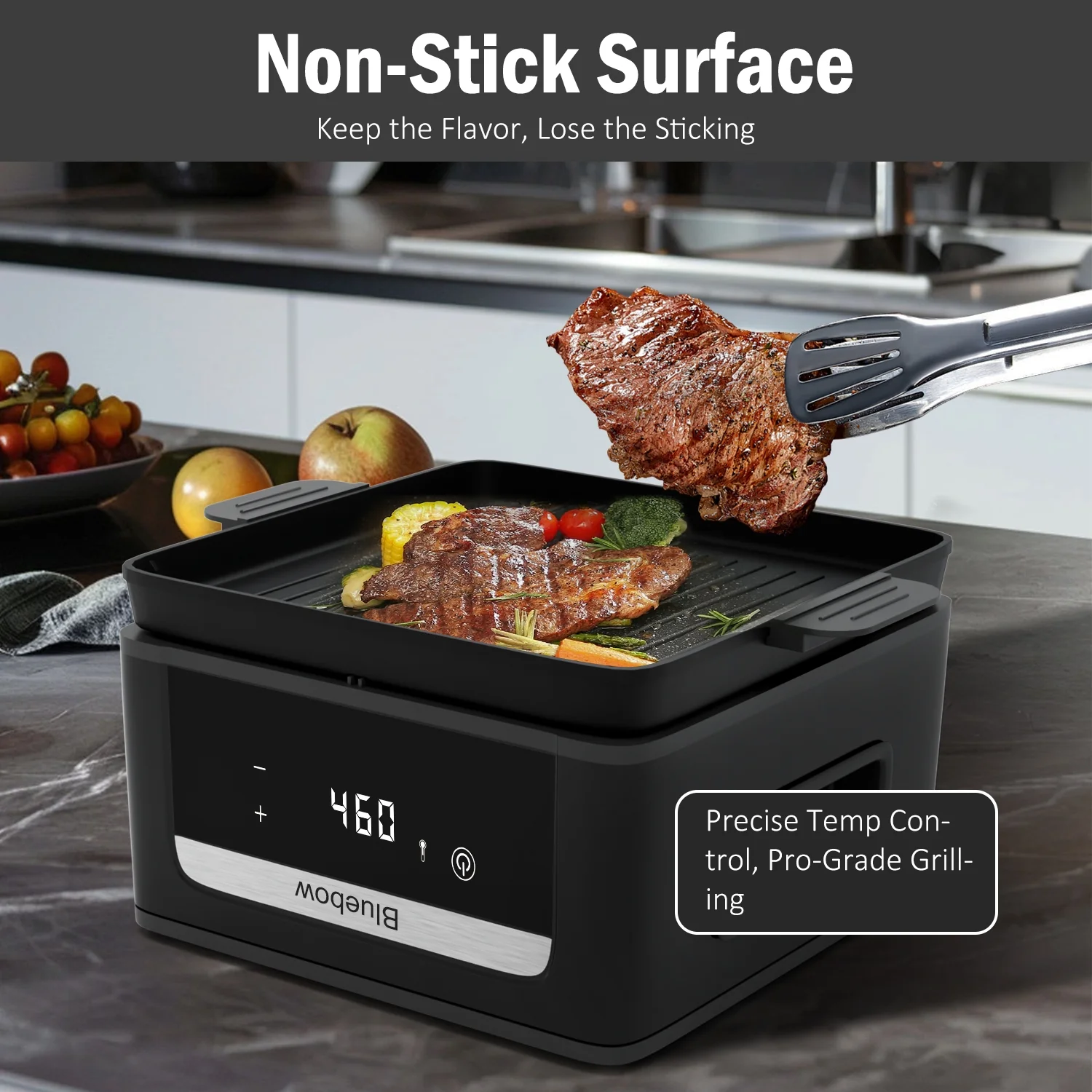 Bluebow 9QT  Air Fryer & Grill Pan Combo, Large Capacity, 8 Preset Functions, Non Toxic, Non-Stick, View Window, Black