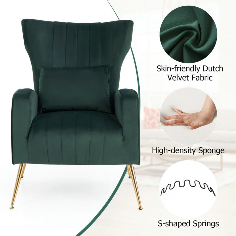 Canddidliike Velvet Upholstered Wingback Chair with Lumbar Pillow and Golden Metal Legs-Turquoise, Padded Seat, Wingback Chair for Bedroom Desk