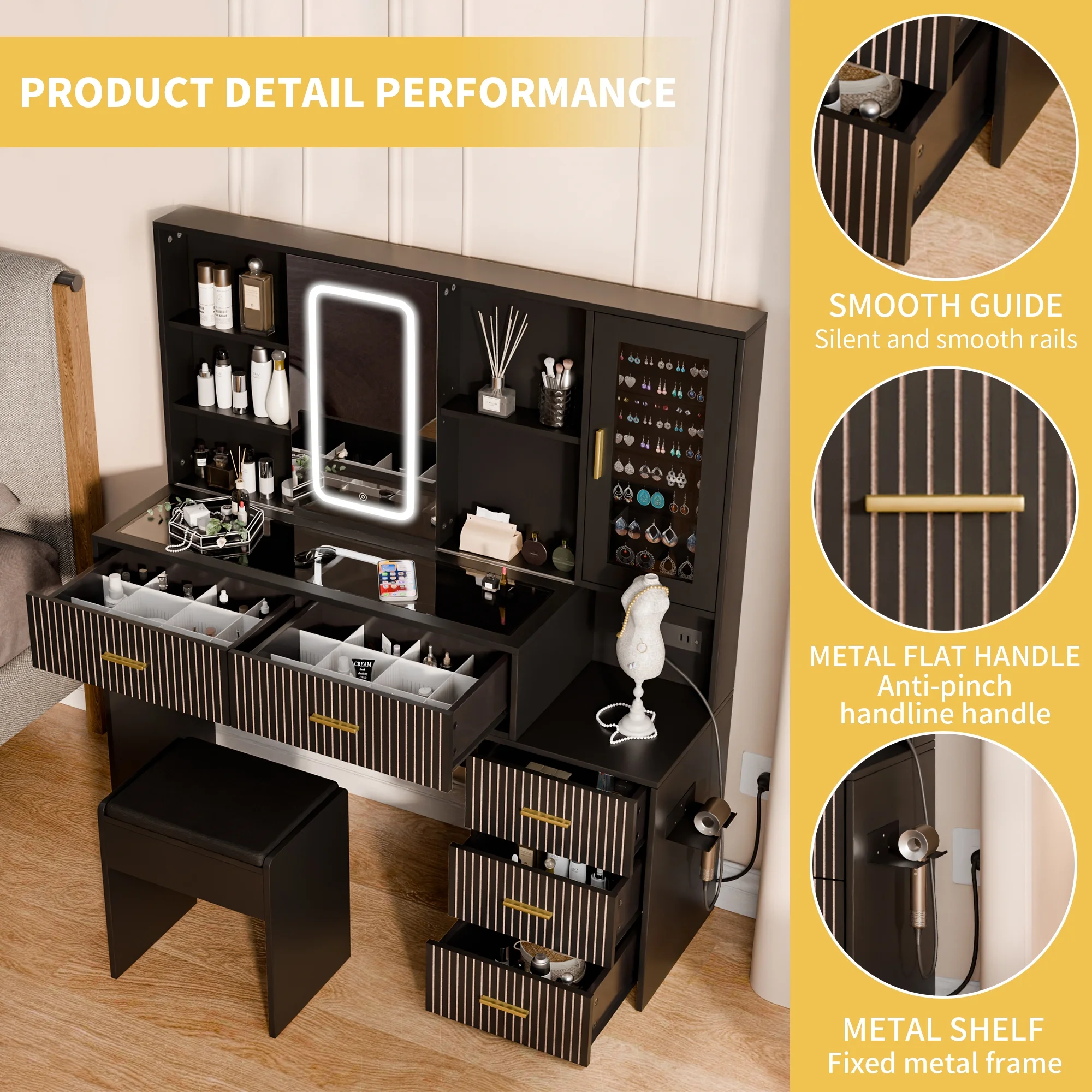 Diubas Large Vanity Desk with Mirror, Makeup Vanity Table with 5 Drawers, LED Lights & Power Outlet