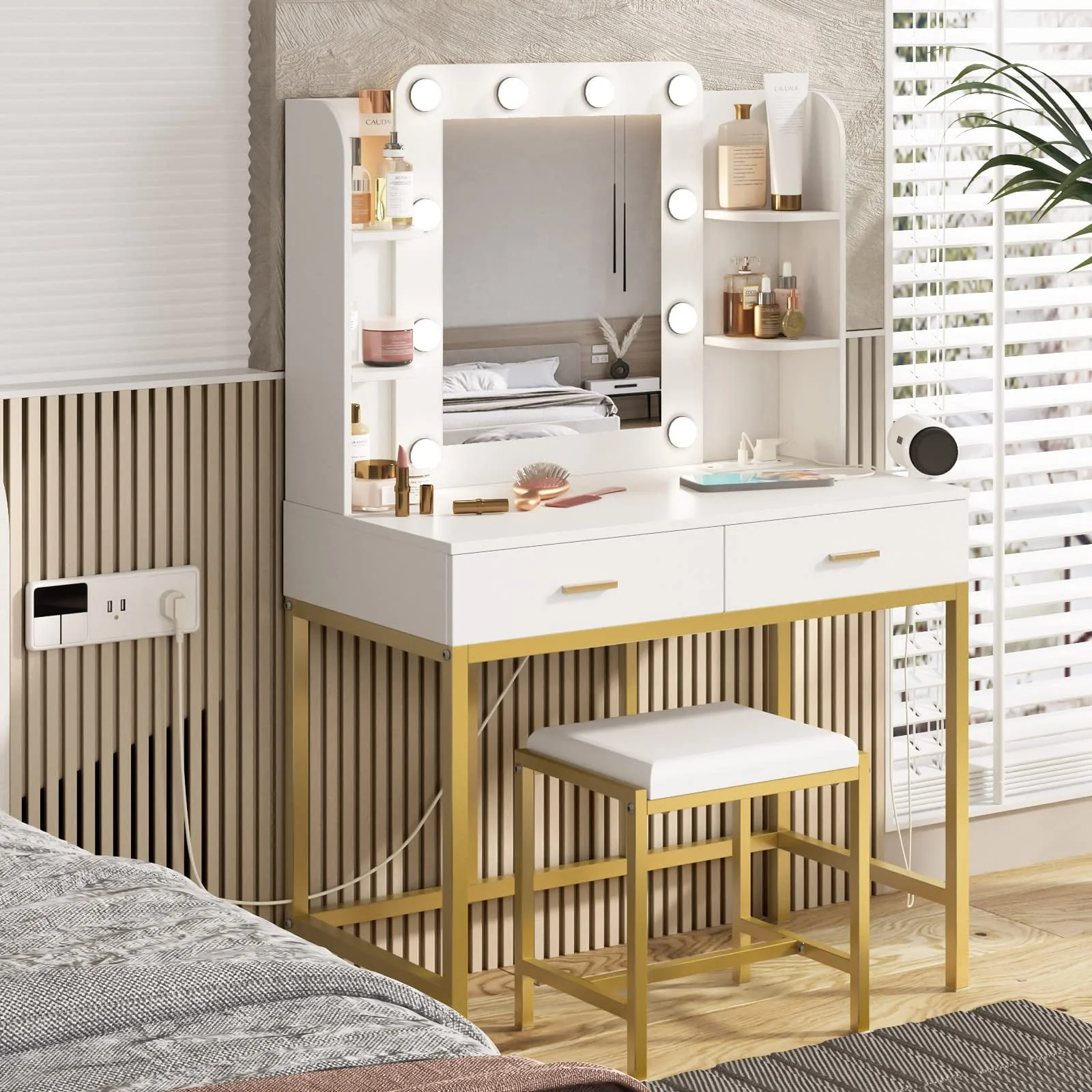 Makeup Vanity with Lighted Mirror & Power Strip, White Vanity Set Vanity Desk with Hair Dryer Holder, Modern Makeup Vanity 3 Lighting Colors, Brightness Adjustable, 35.5in(W)