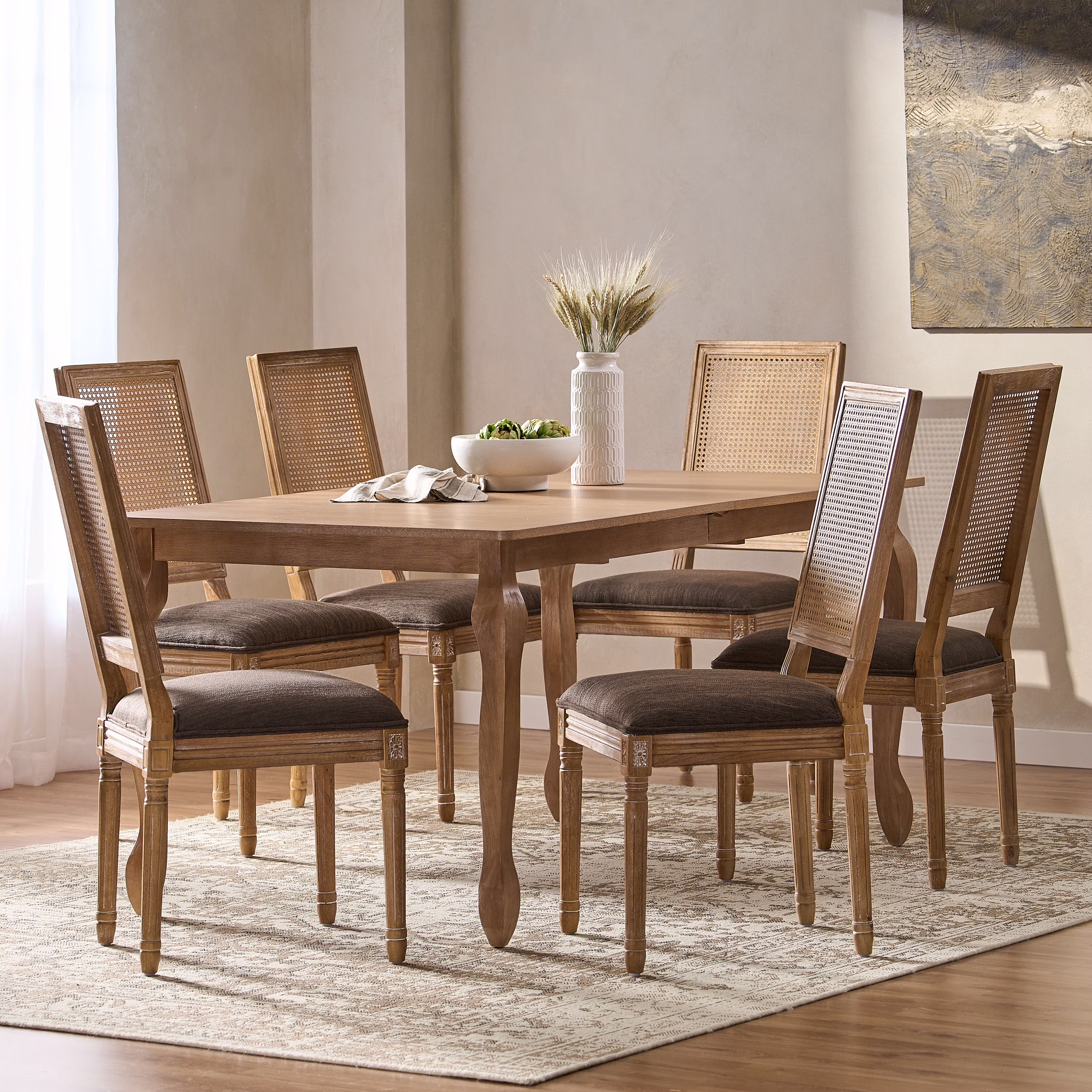 Noble House Fescue Fabric Upholstered Wood and Cane Expandable 7 Piece Dining Set, Gray and Black