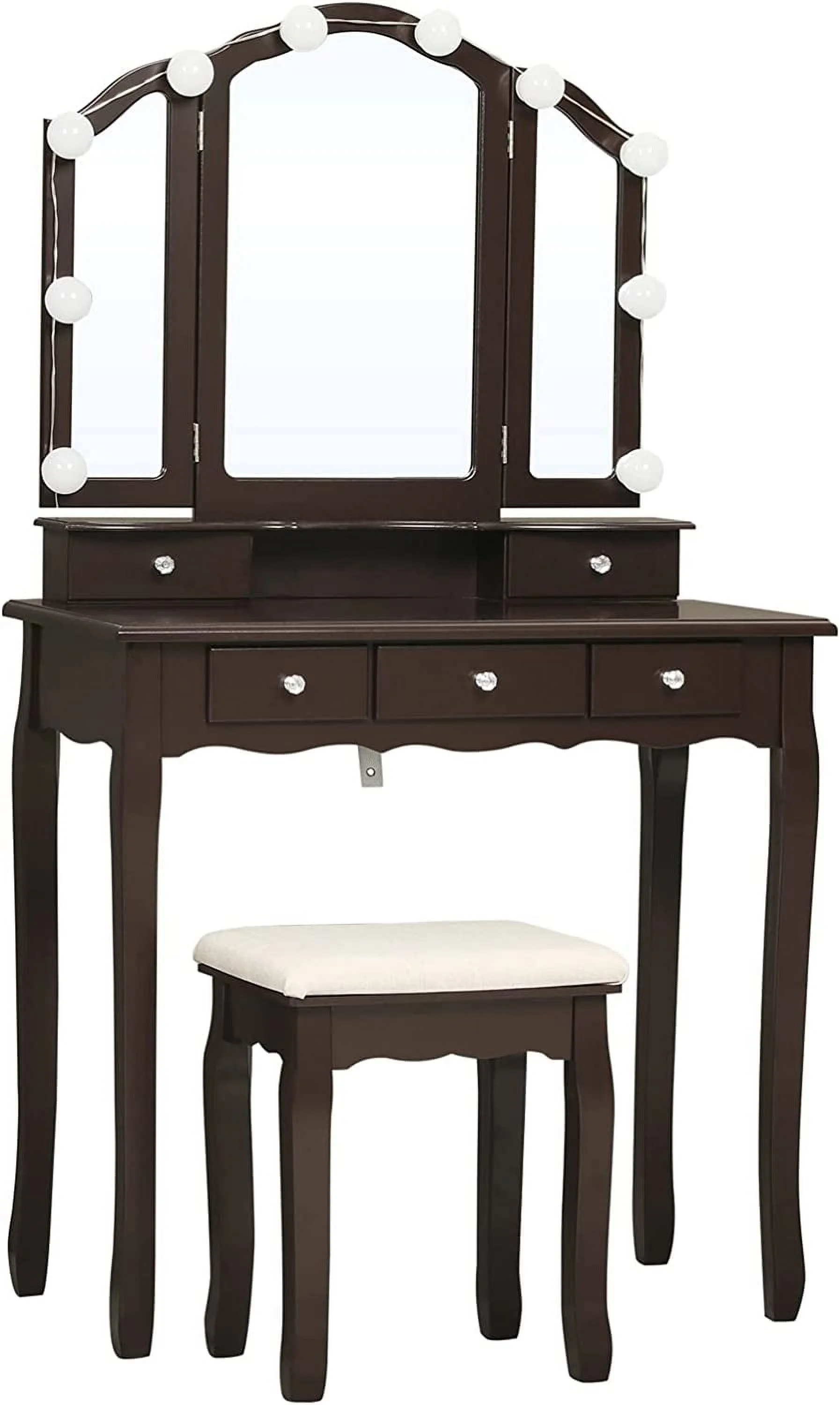 Afuhokles Vanity Table Set with Lighted Tri-Fold Mirror and Stool, Makeup Vanity Dressing Desk 5 Drawers, White