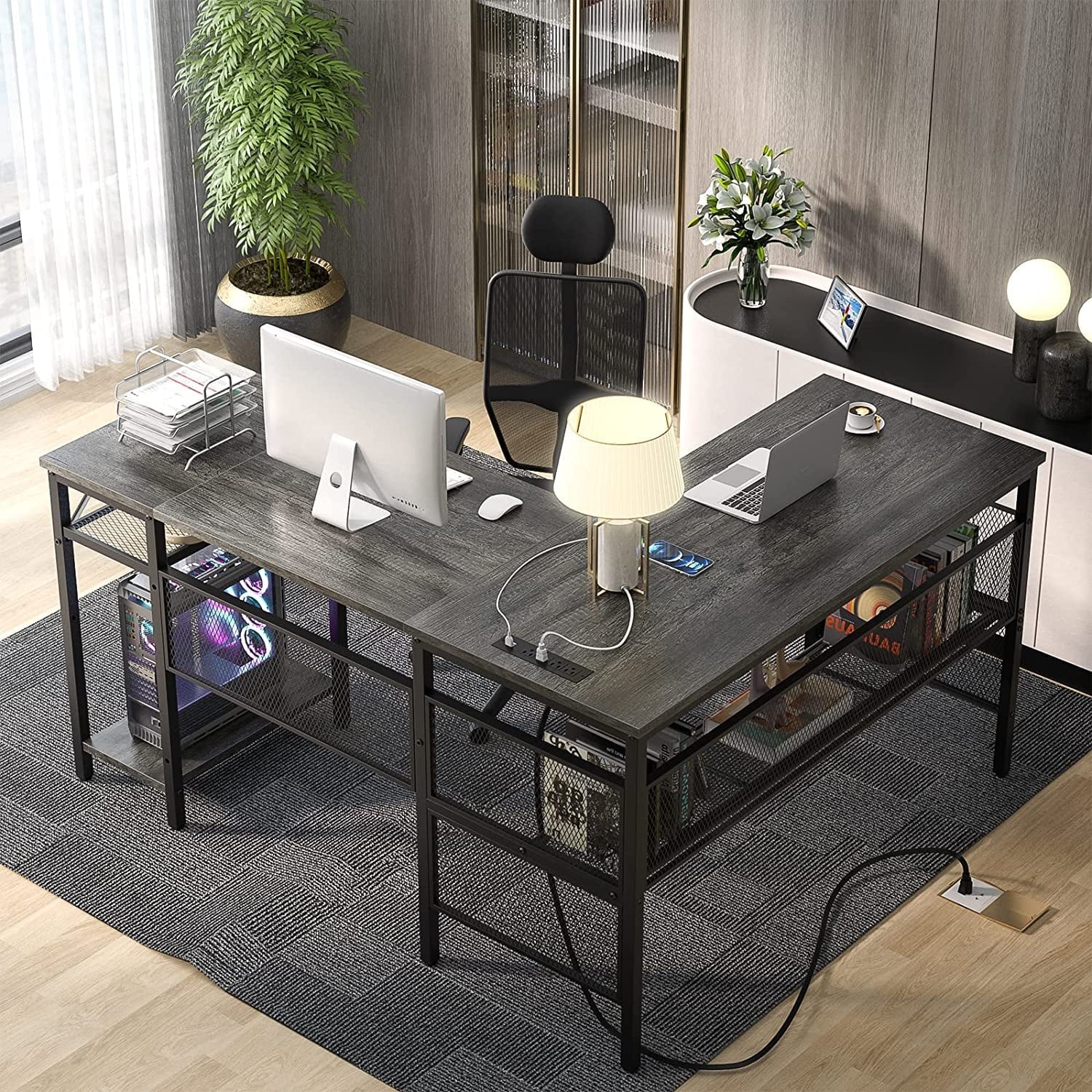 Homieasy L Shaped Desk with Power Outlet and USB Charging Port, Reversible Computer Desk with Storage Shelves, Industrial 2 Person Long Corner Desk Modern Office Desk Writing Desk, Black Oak