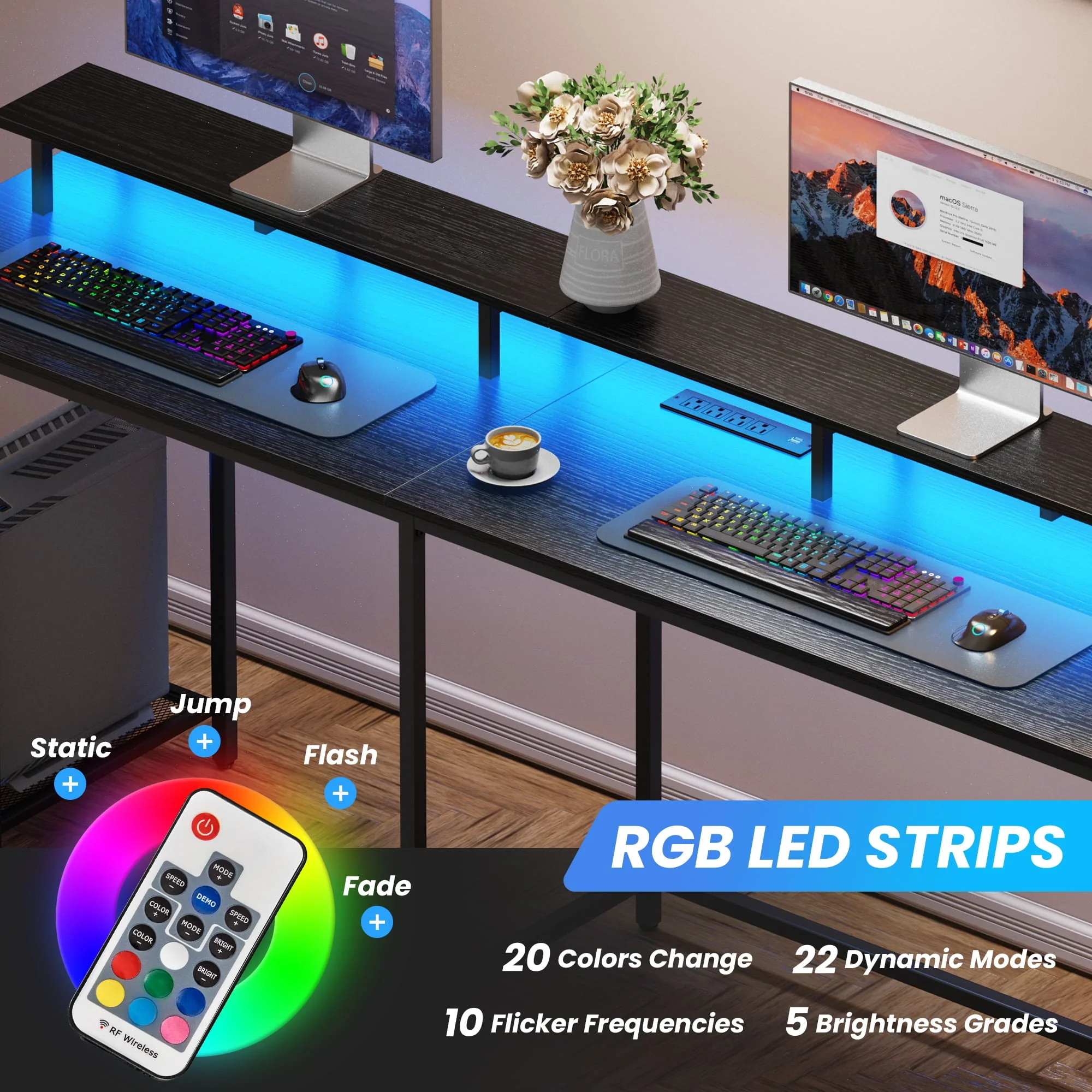 SUPERJARE L Shaped Desk with Outlets & USB Ports, Computer Desk with LED Light Strip, Corner Gaming Desk, L Office Desk, Monitor Stand, Hooks, and Storage Shelves, Black