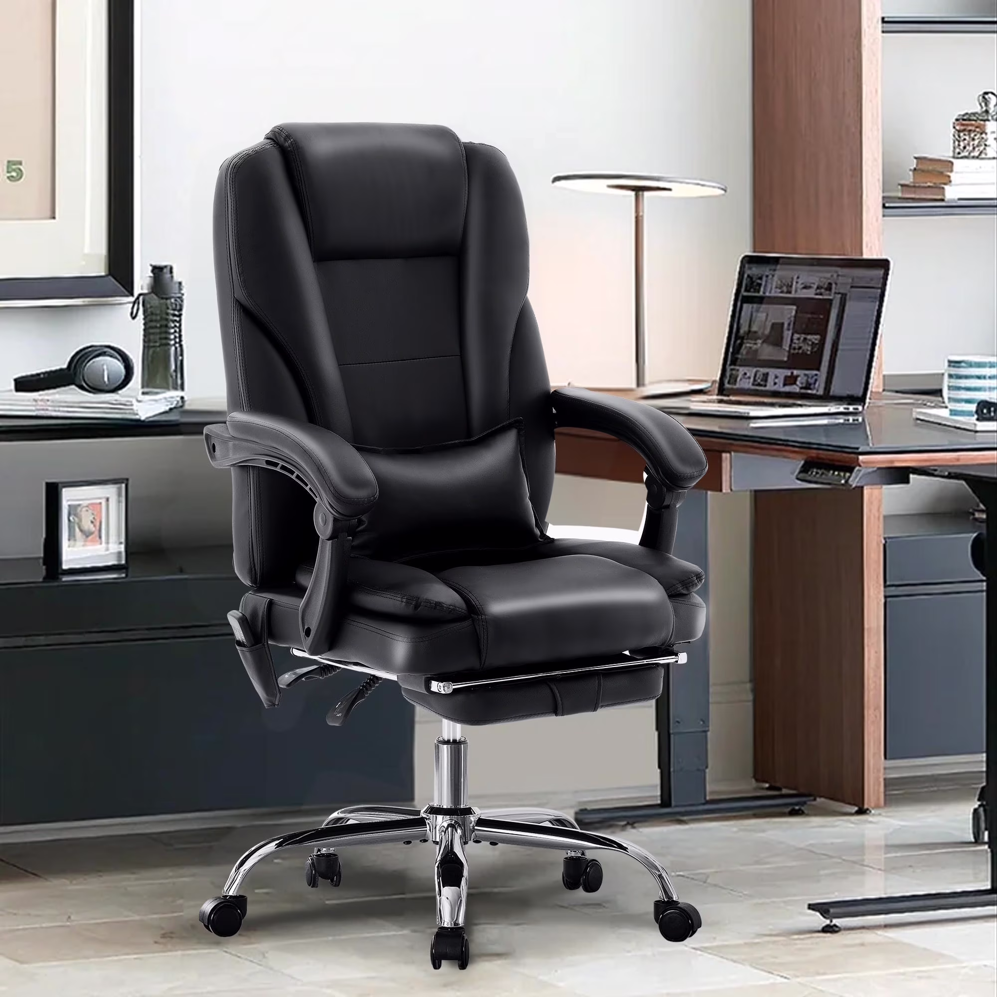 JONPONY Big and Tall Office Chair 500LBS Executive Office Chair Massage and Footrest Ergonomic Computer Desk Chair Reclining High Back Leather Office Chair Lumbar Back Support Swivel Rolling,Black