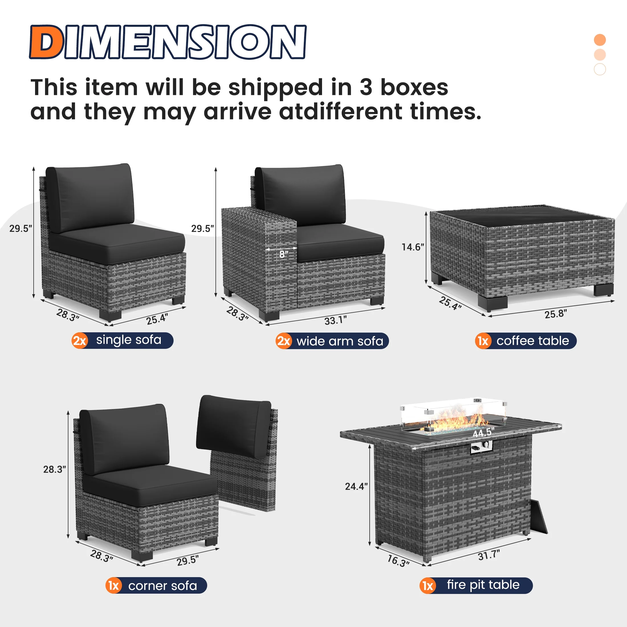 Poteban Patio Furniture Set 6 PCS Outdoor Sectional Conversation Sets Featuring Widen Wicker Armrests and High Back, Black (Waterproof Covers Included)