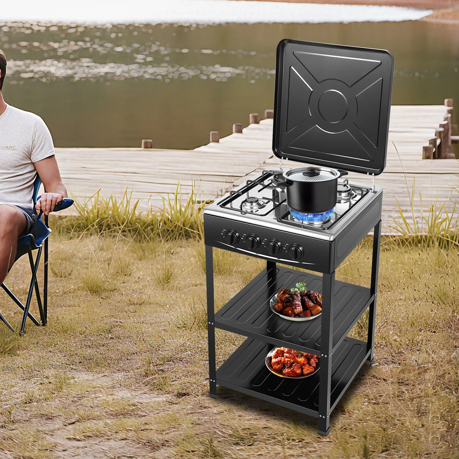 Peakora 4 Burners Outdoor Gas Stove Portable Cooker BBQ Gas Grill with Removable Storage Stand Stainless Steel Propane Gas Cooker with Wind Blocking Cover