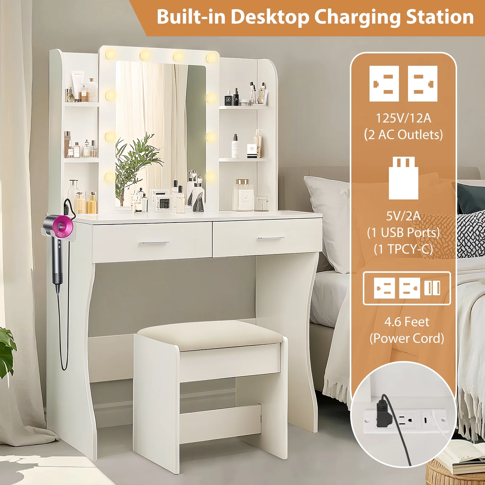 Vanity Desk with Mirror and Lights, Makeup Vanity with Drawer & Storage Cabinet, 3 Lighting Modes Adjustable Brightness, Makeup Desk with Open Shelves for Bedroom, Dressing Room, White