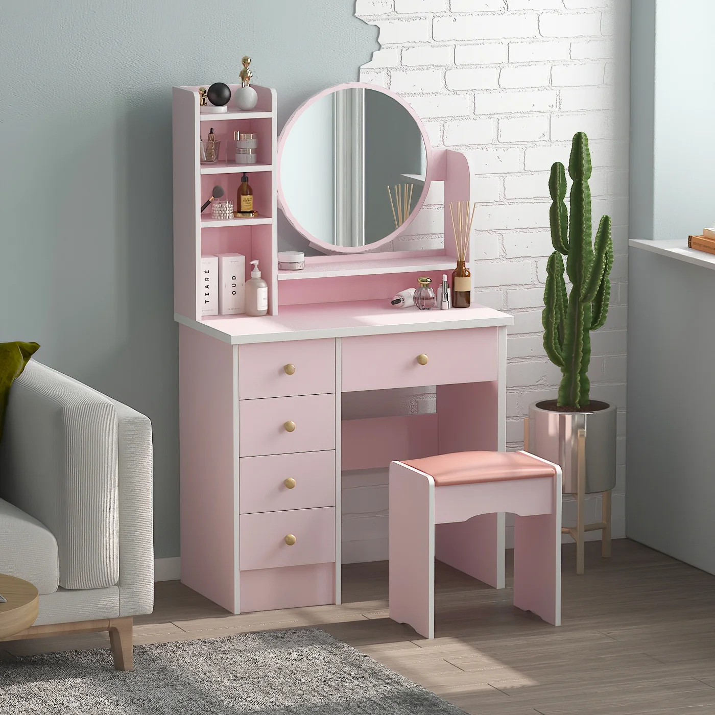 MONSLIPA Makeup Vanity Desk Set w/ Light, Sturdy Dressing Vanity Table with Bench, Shelves & Drawers