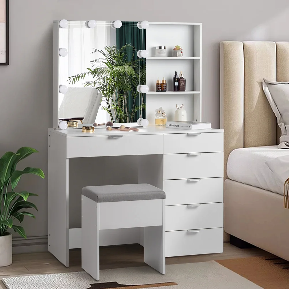 Resenkos Vanity Set with Mirror and 10LED Lights Makeup Vanity Desk Chair with 6 Drawers White