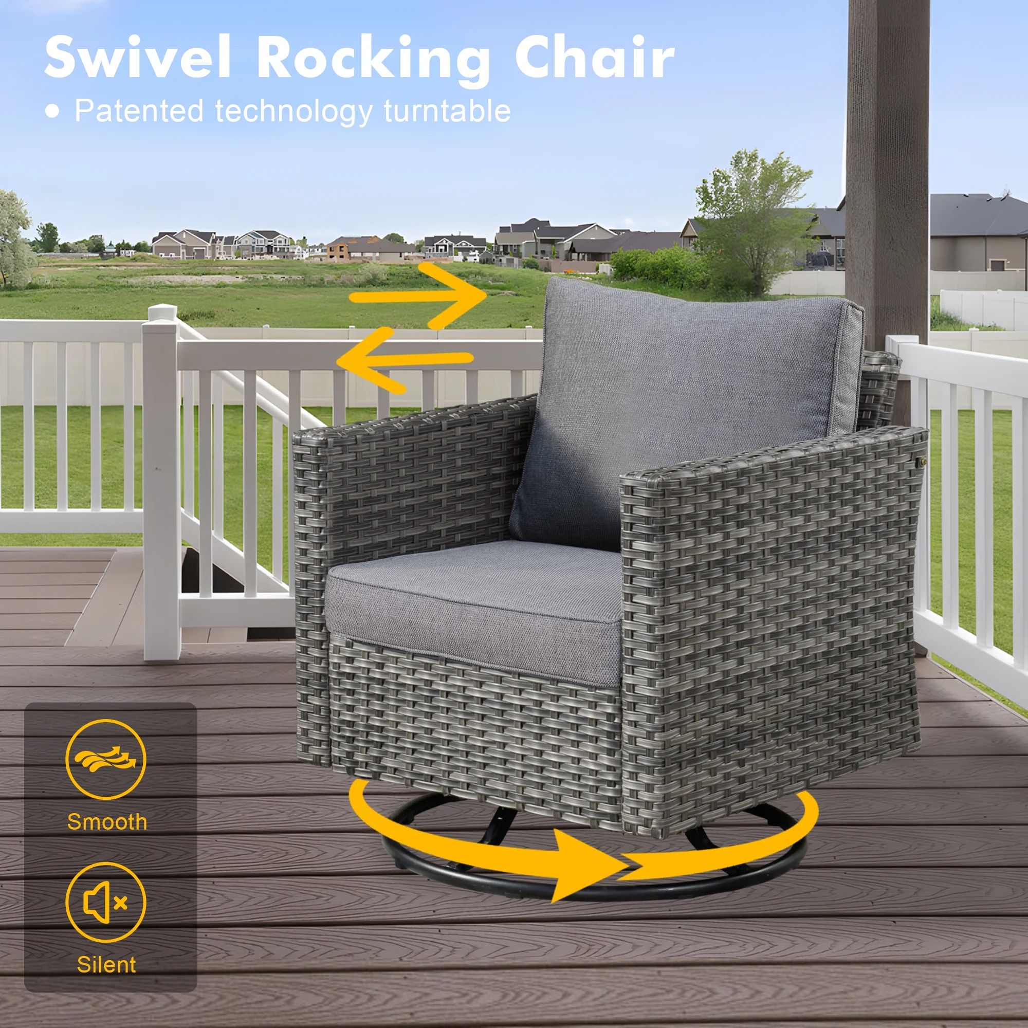 Ovios 6 Pieces Outdoor Patio Furniture Set with Gas Propane Fire Pit Table Wicker Outdoor Conversation Set with Swivel Rocking Chair for Backyard, Cushion Beige